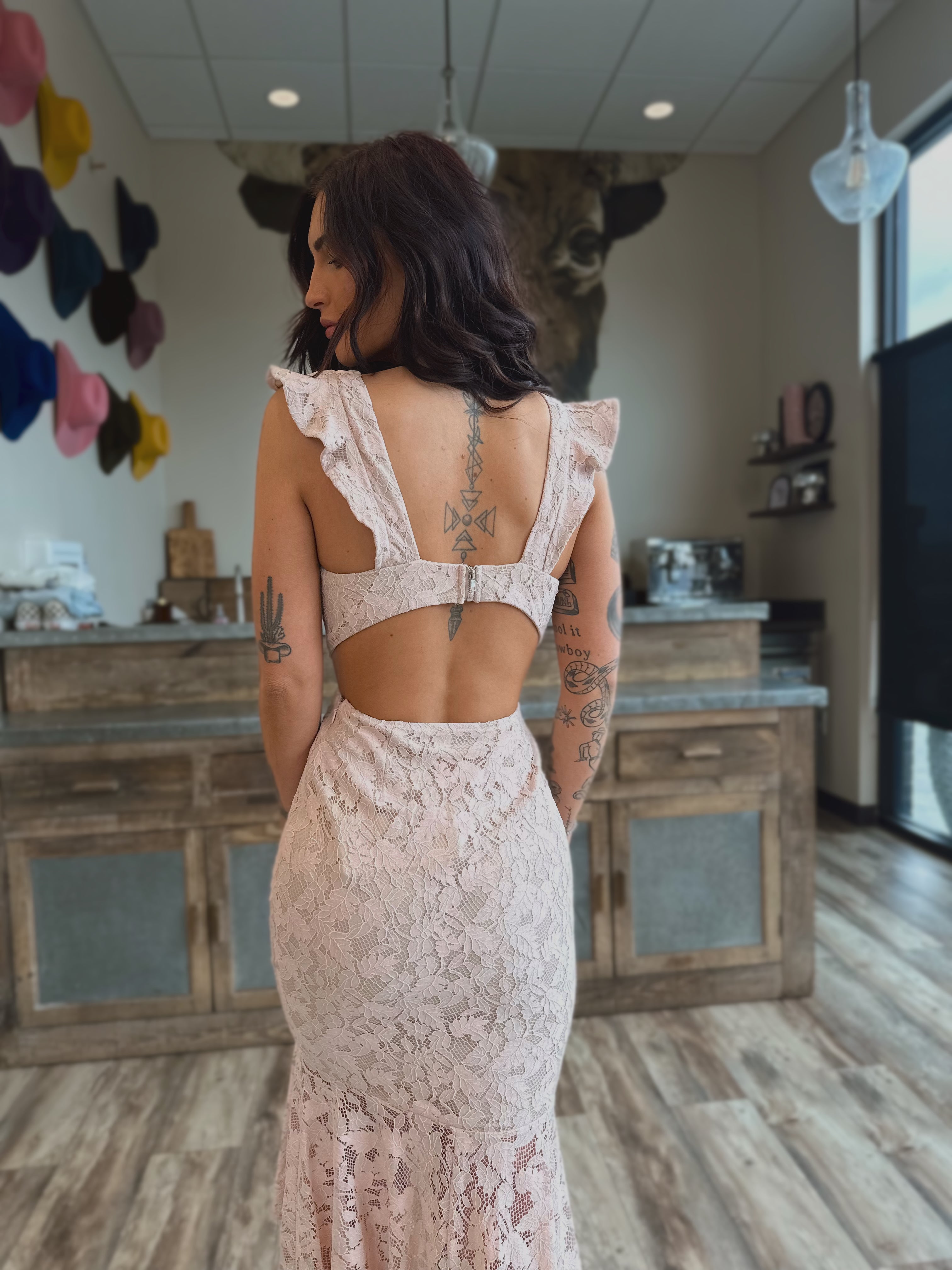 Pink Lace Ruffle Midi