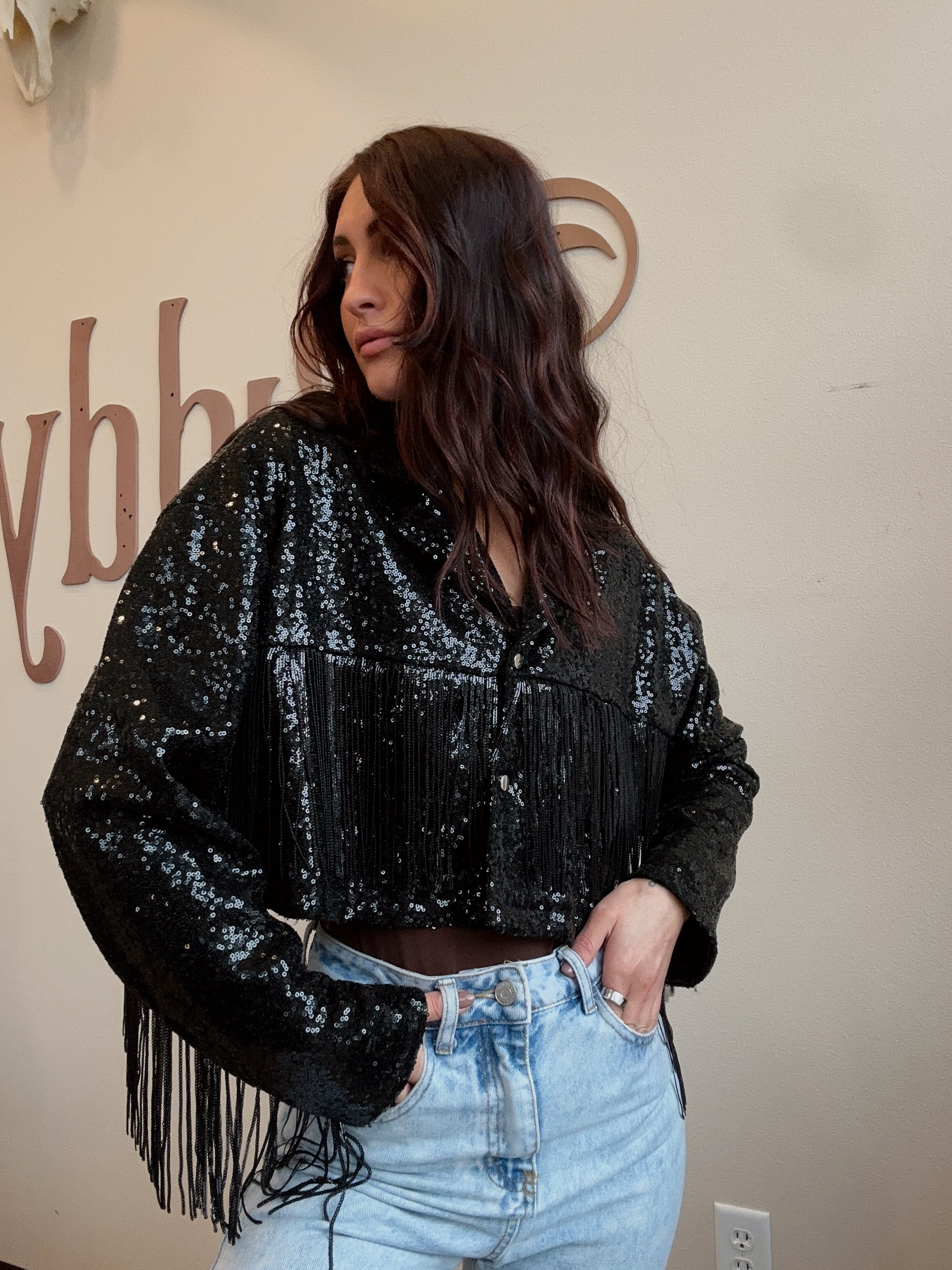 Black Sequin Fringe Jacket