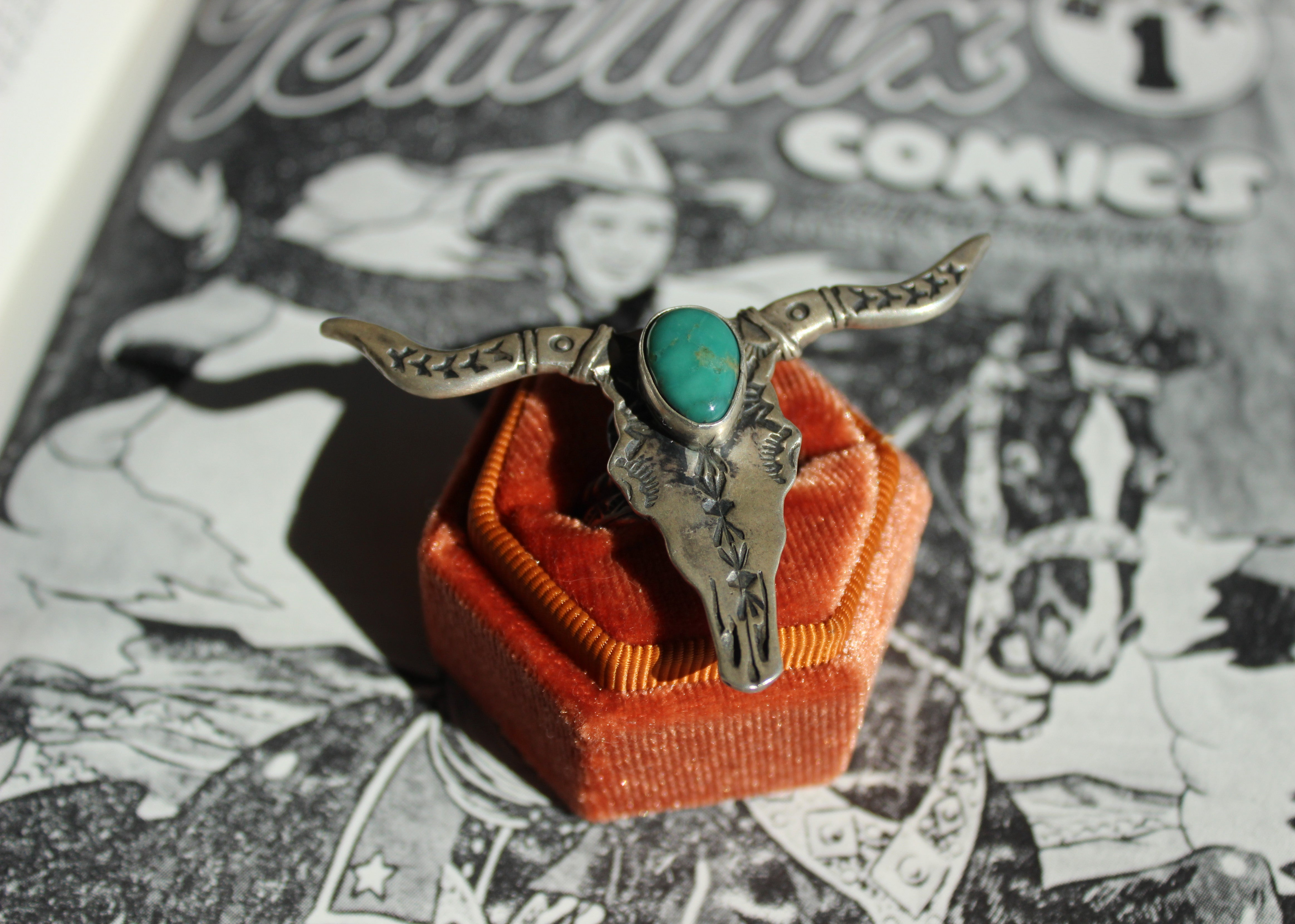 Turquoise Bull Skull Adjustable Ring