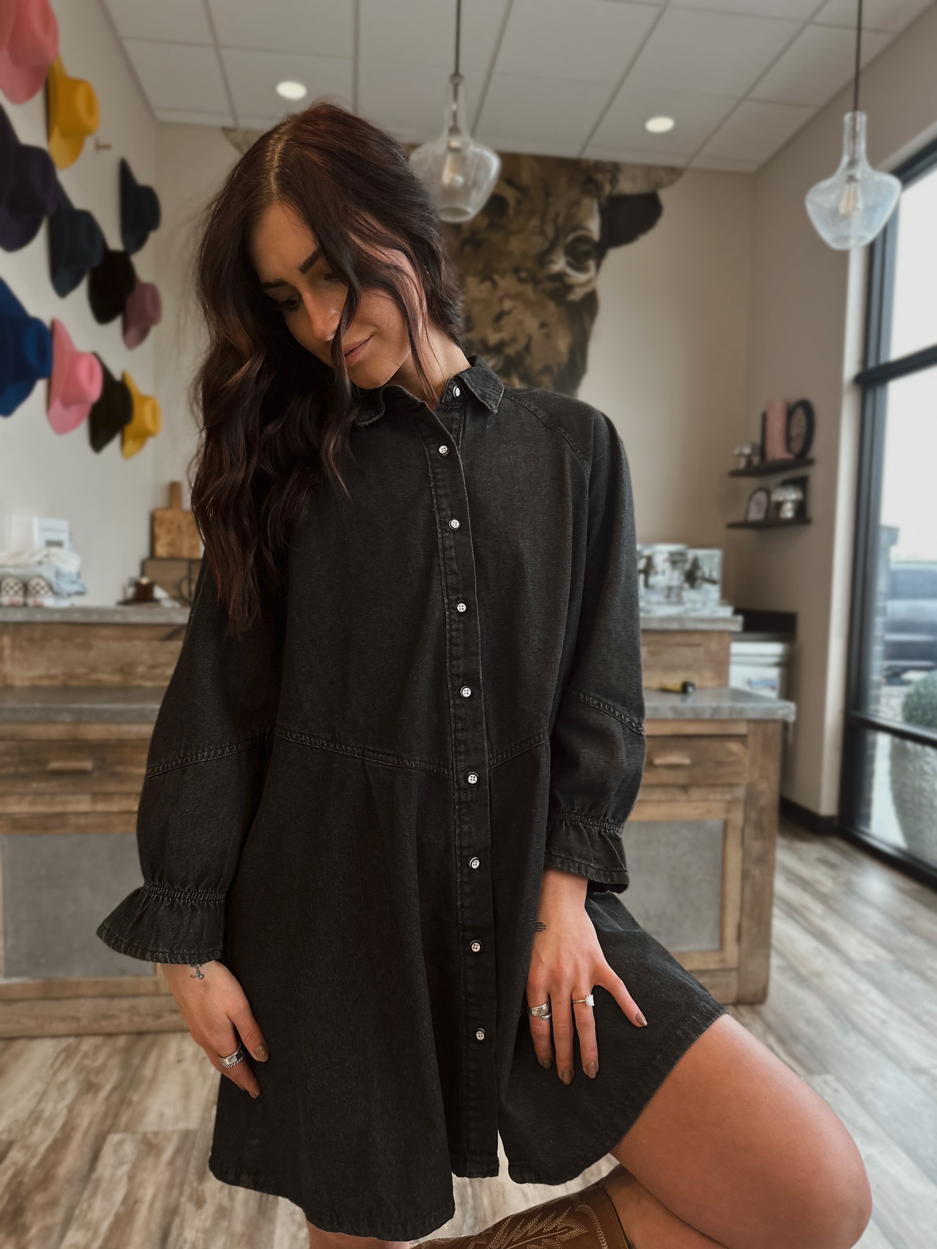 Black Denim Button Up Dress