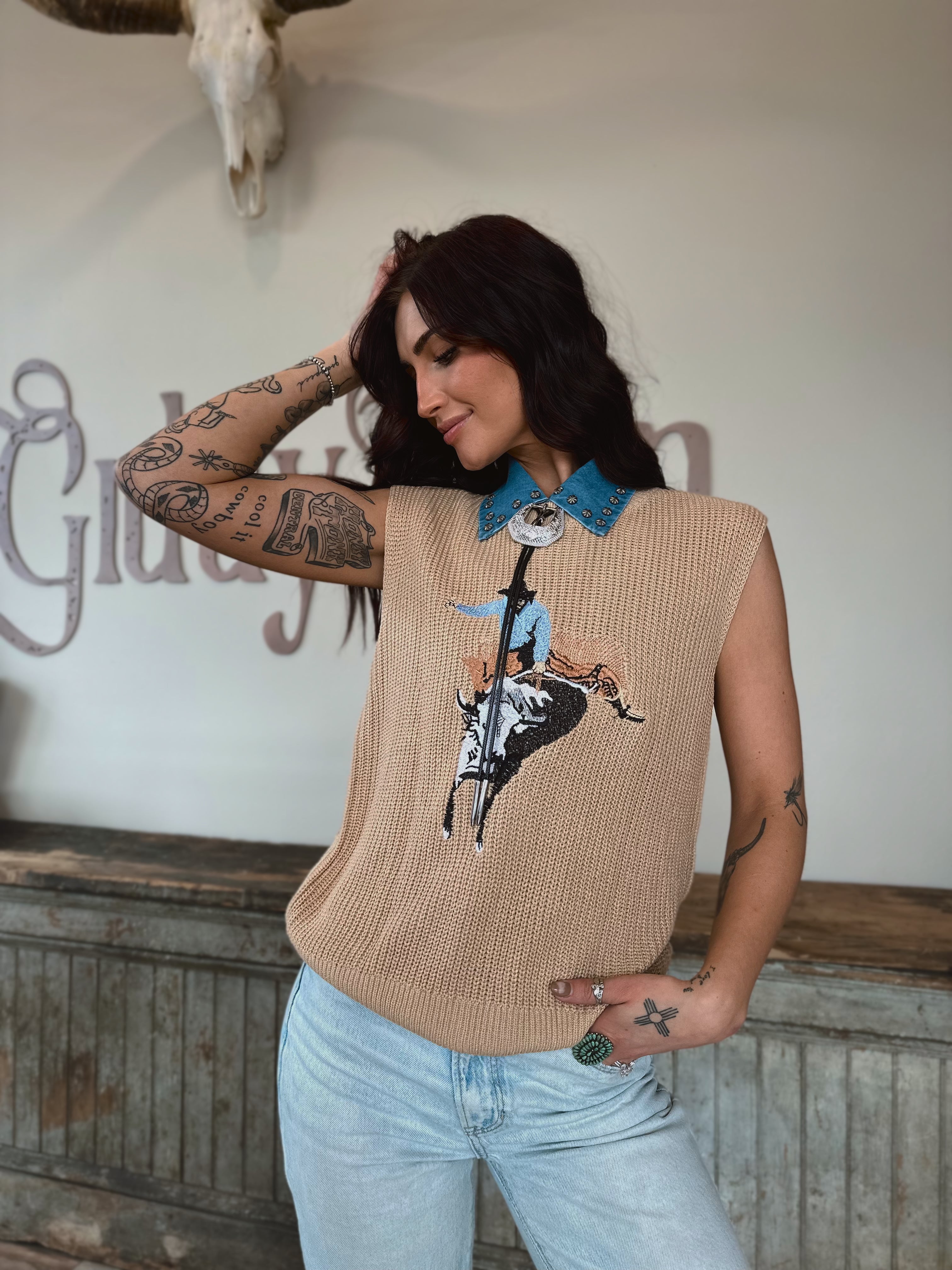 Cowboy Embroidery Sweater Vest