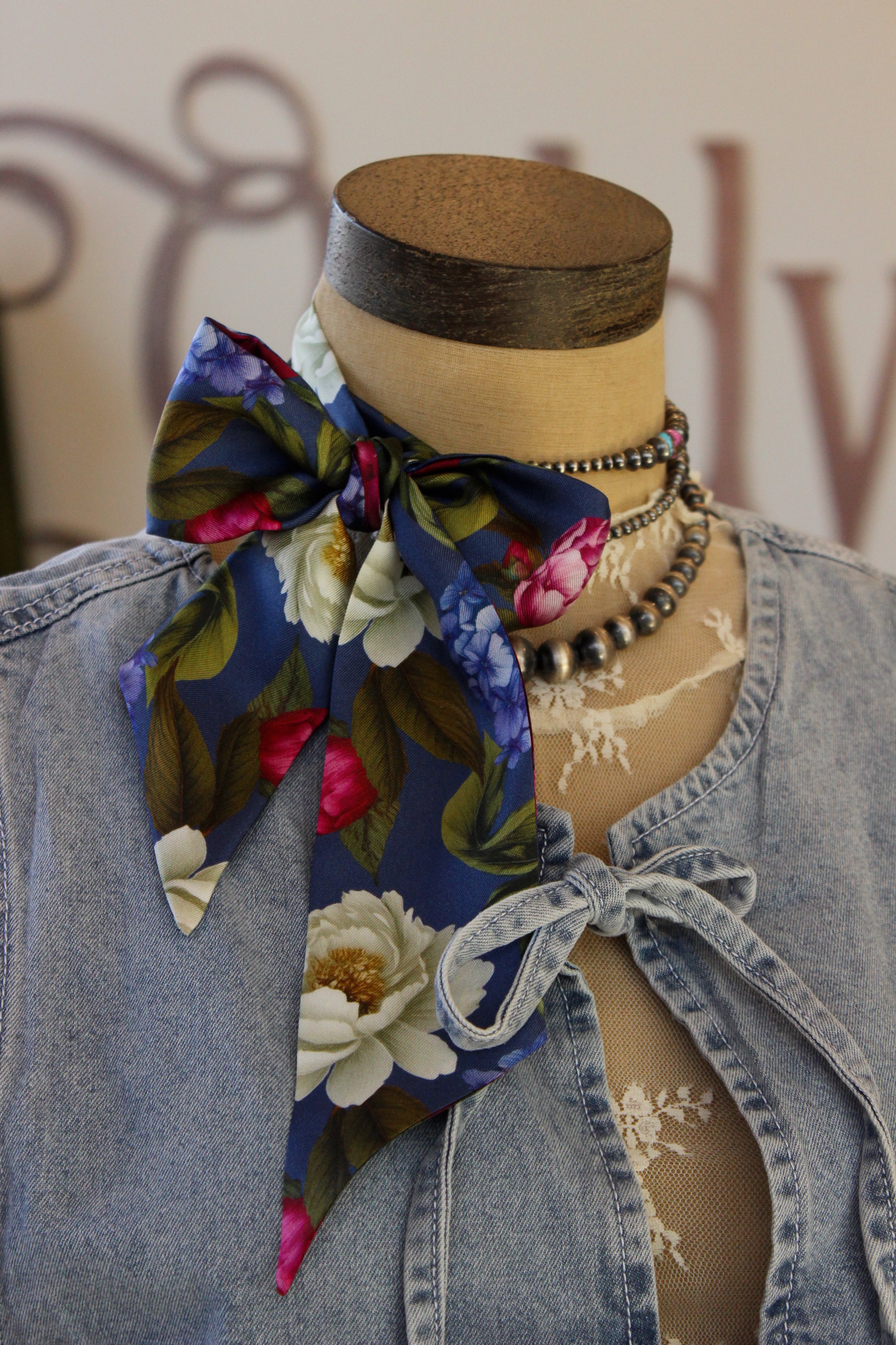 Blue Floral Twilly Scarf 42"