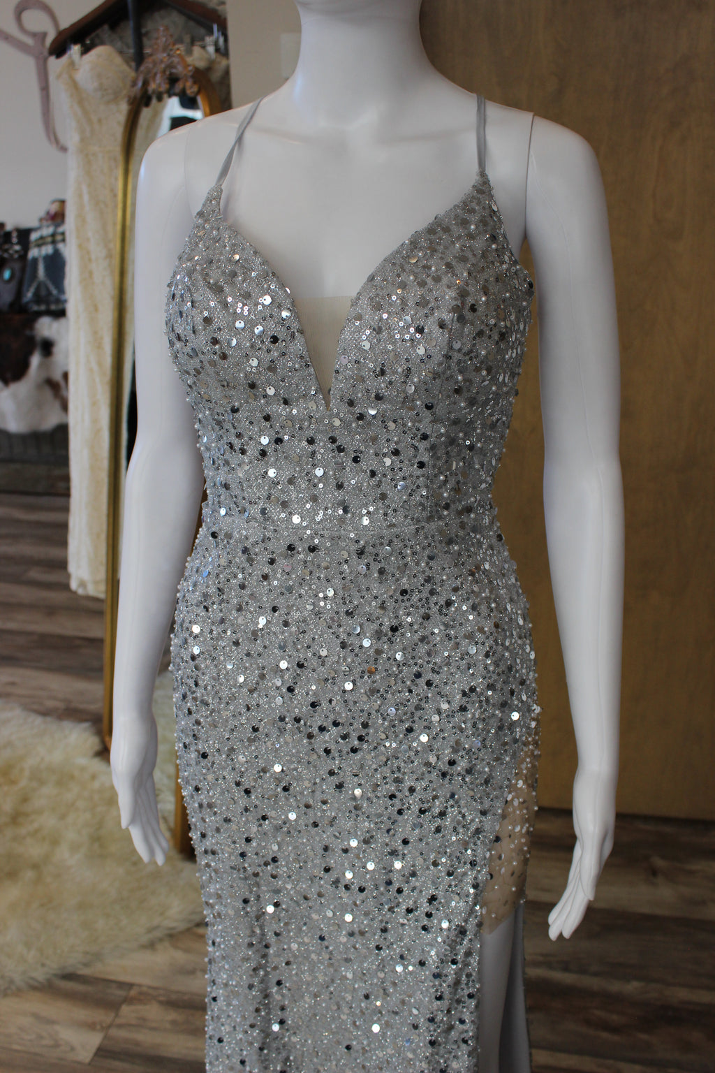 Silver Open Back Formal Gown