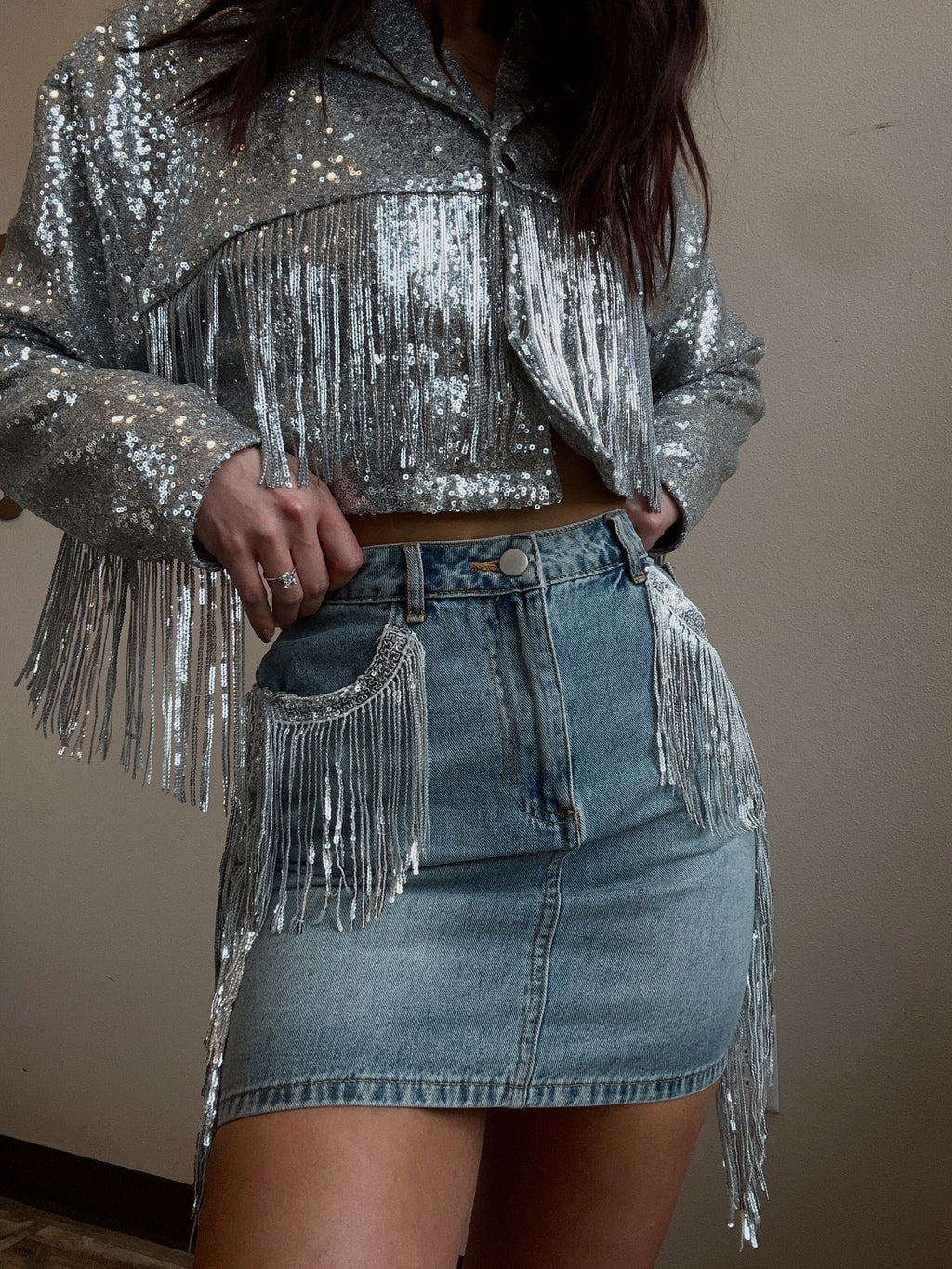 Denim Sequin Mini Skirt