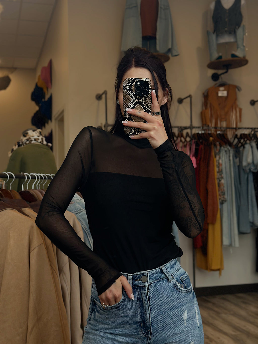 Mock Neck Mesh Top