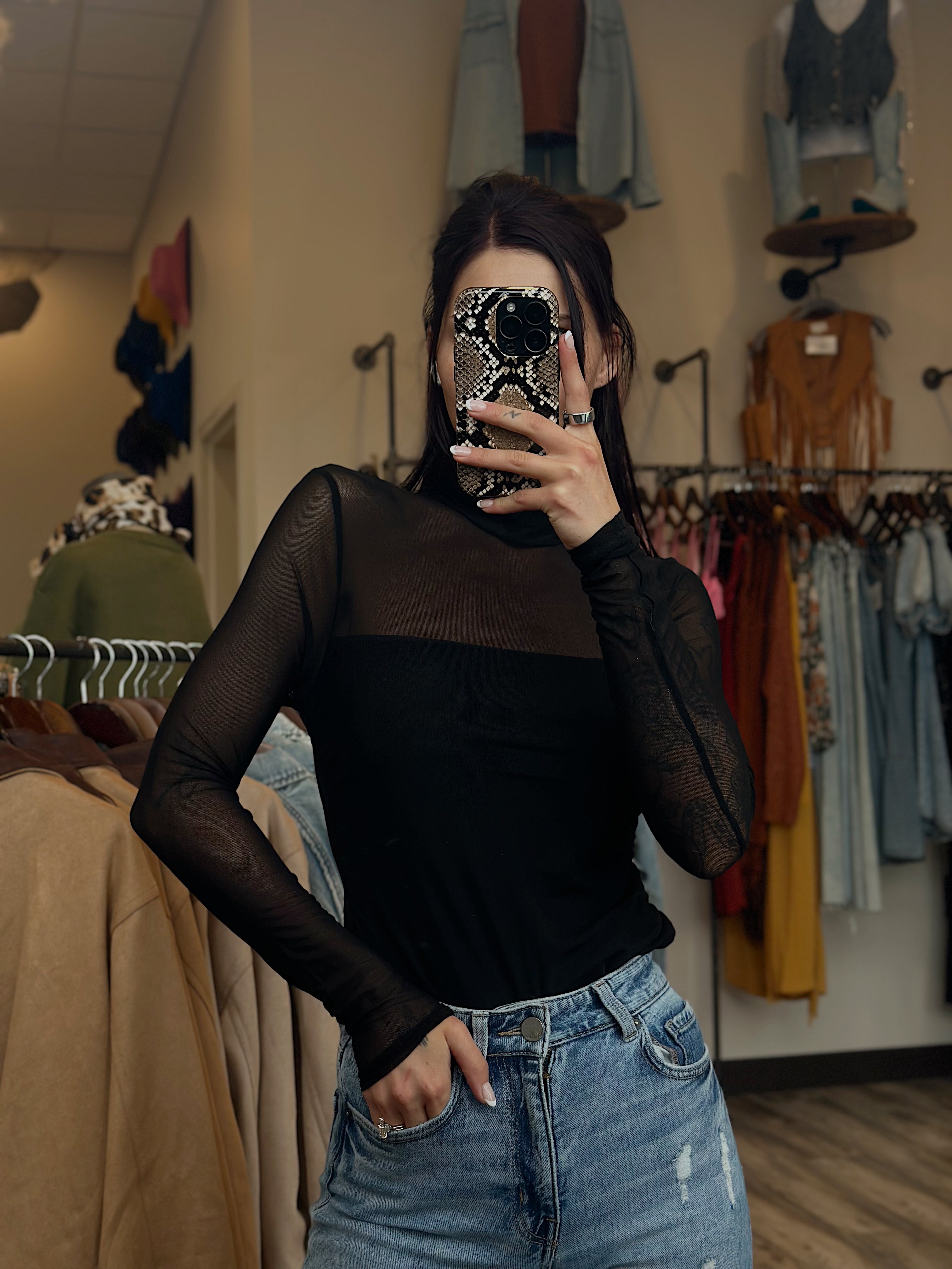Mock Neck Mesh Top
