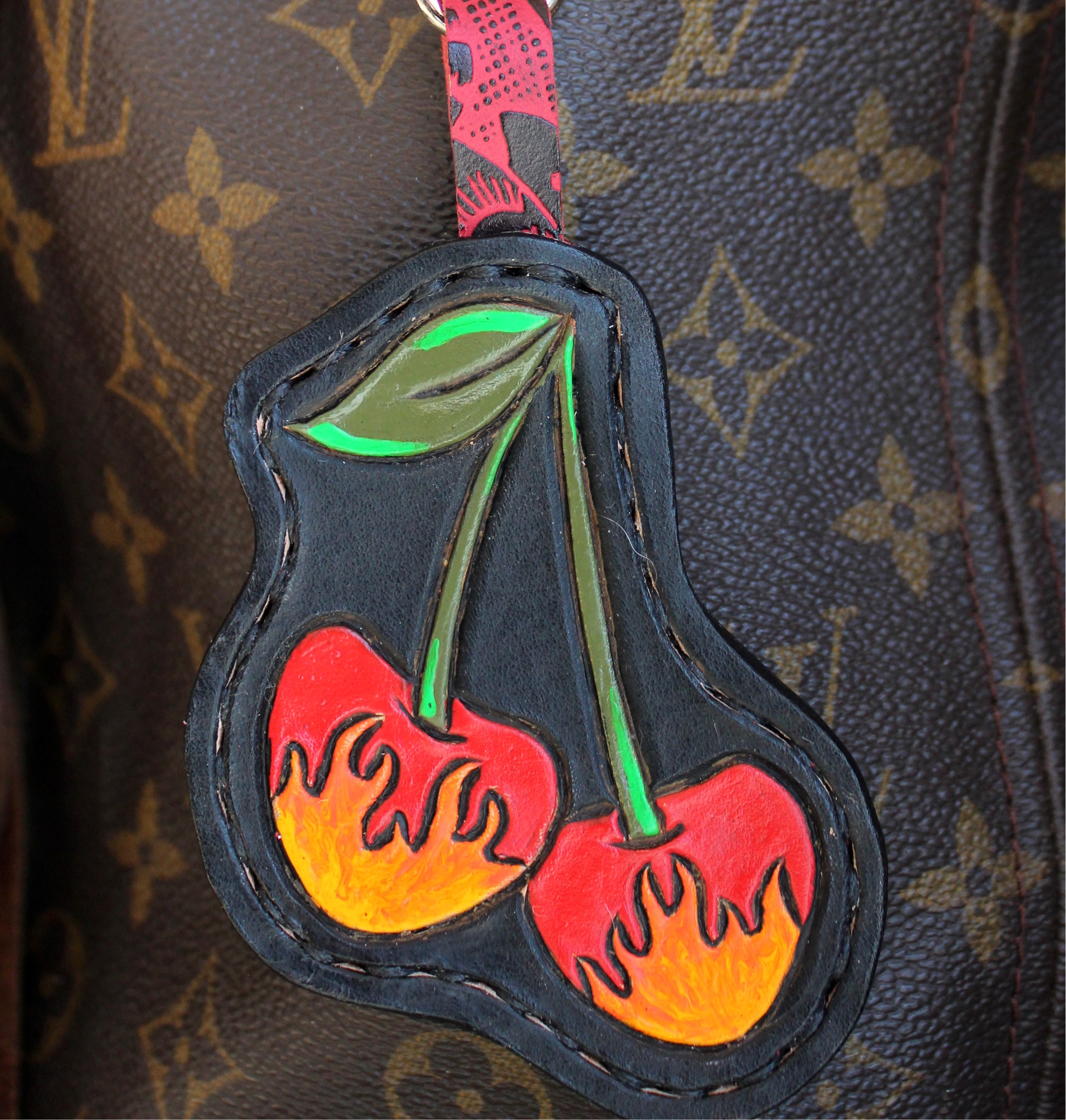 Leather Purse Charm Flame Cherries