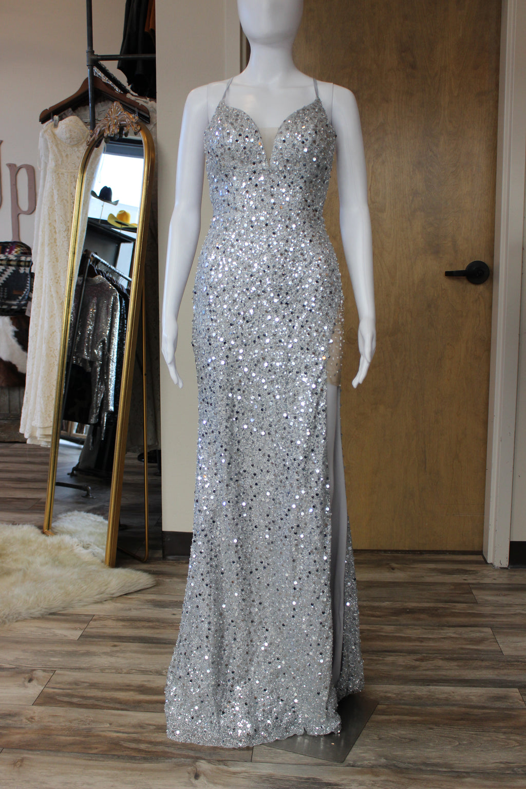 Silver Open Back Formal Gown