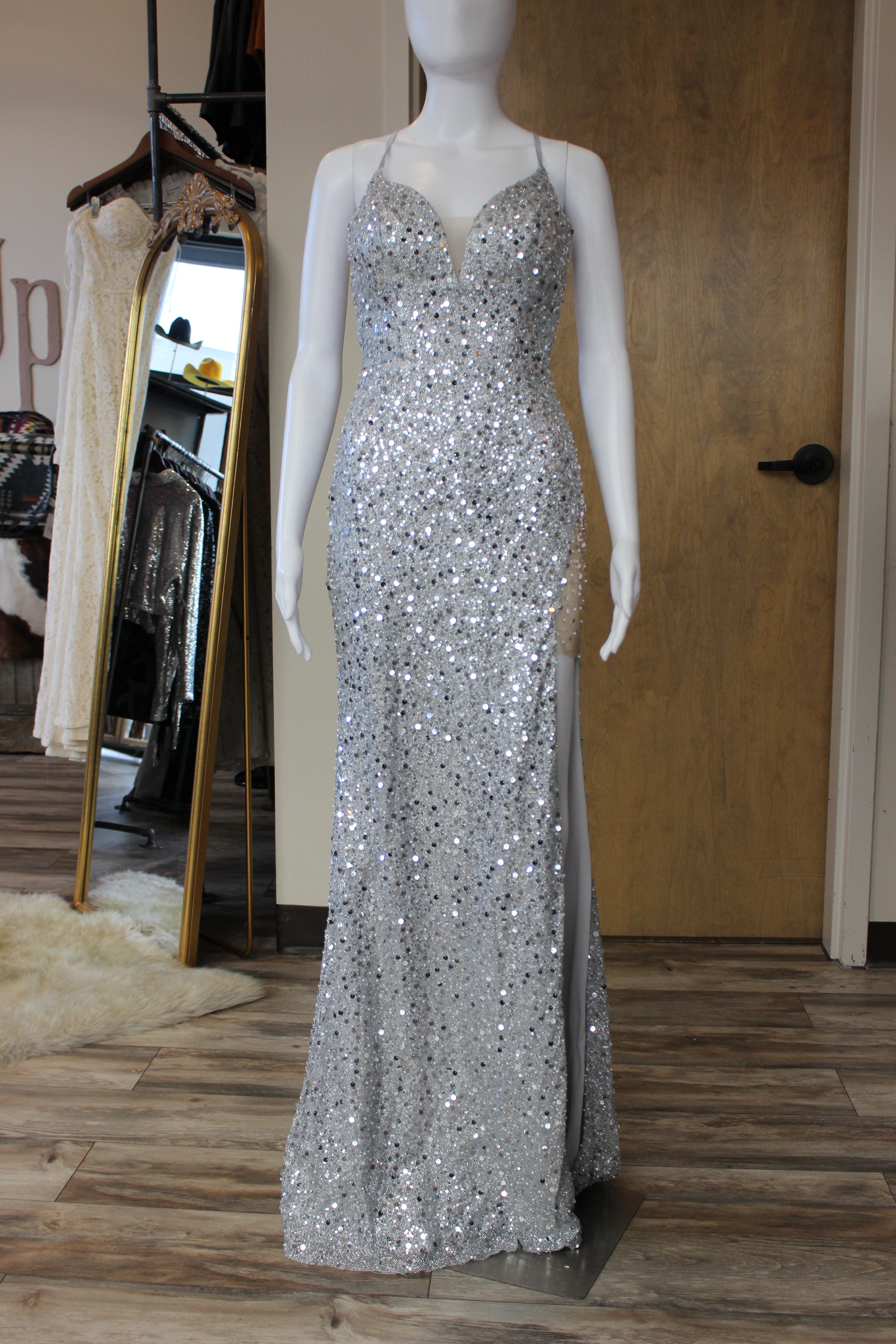 Silver Open Back Formal Gown