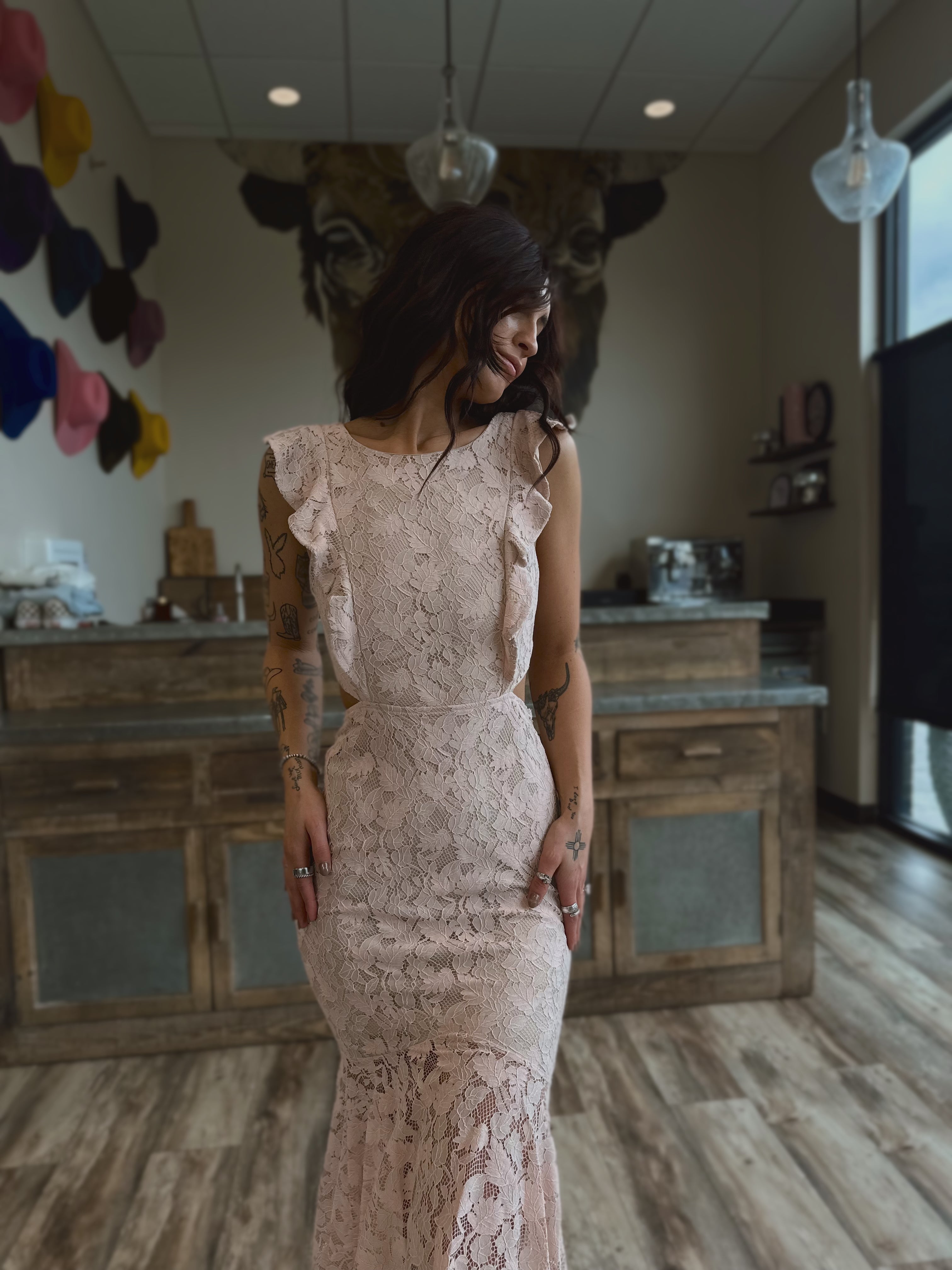 Pink Lace Ruffle Midi