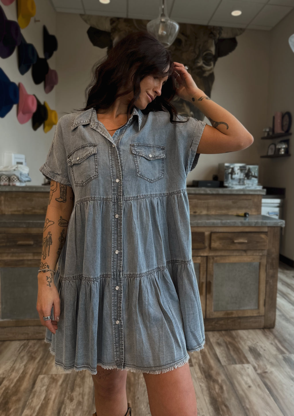 Tiered Button Down Denim Dress