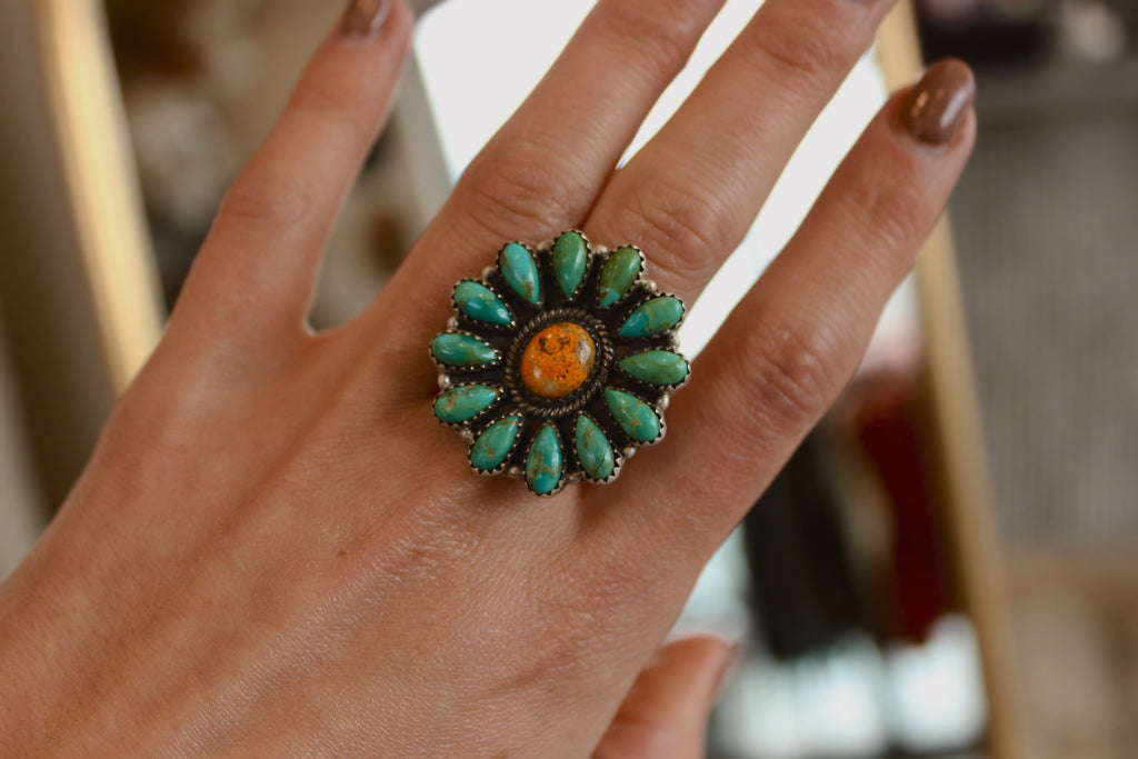 Turquoise and Bumble Bee Adjustable Cluster Ring