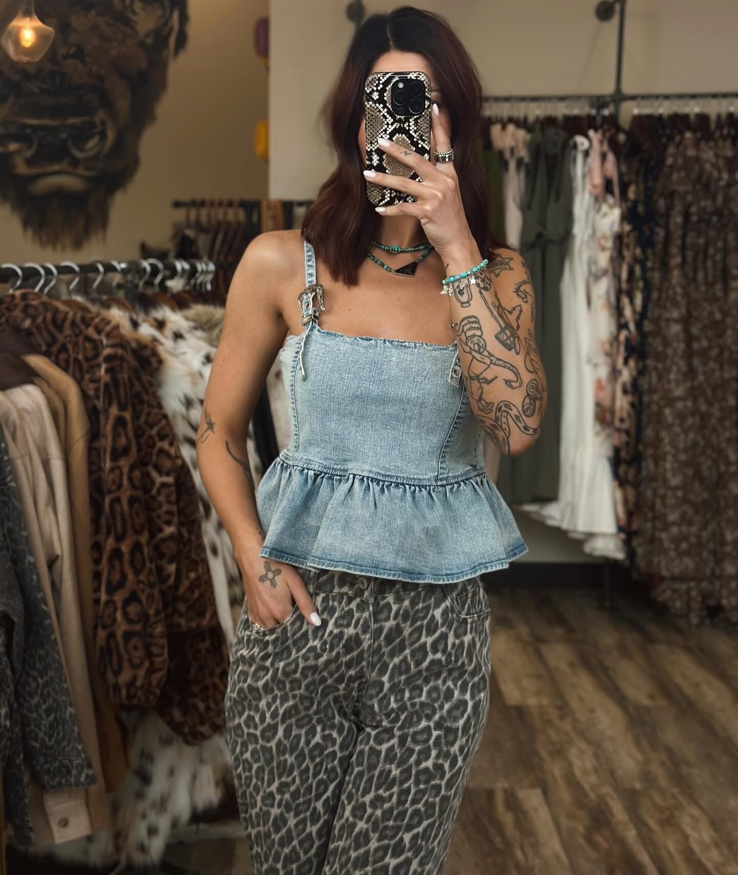 Western Buckle Denim Peplum Top