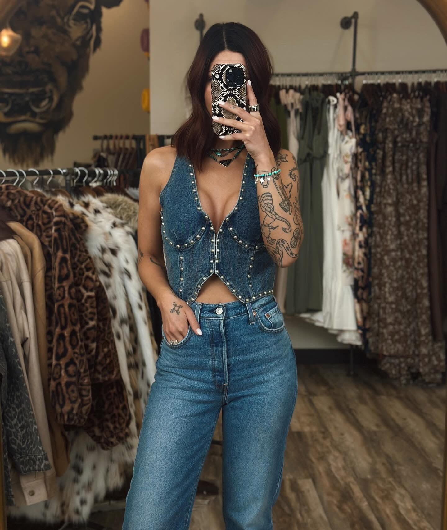 Metal Stud Denim Bustier Top