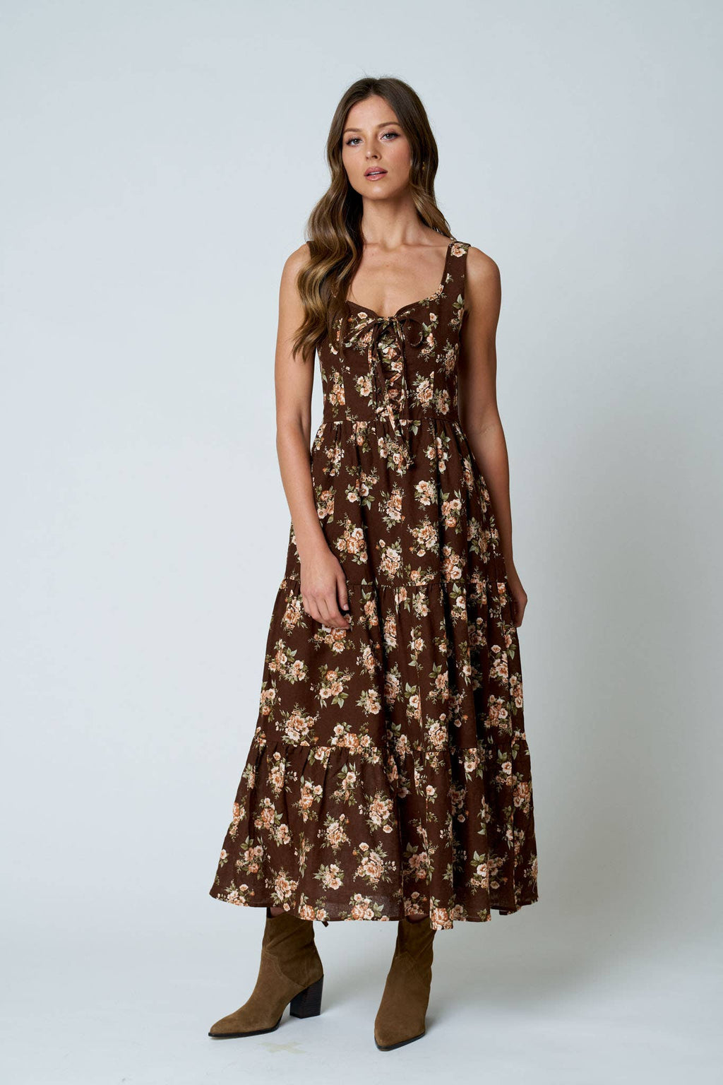 Floral Lace Up Corset Midi Dress