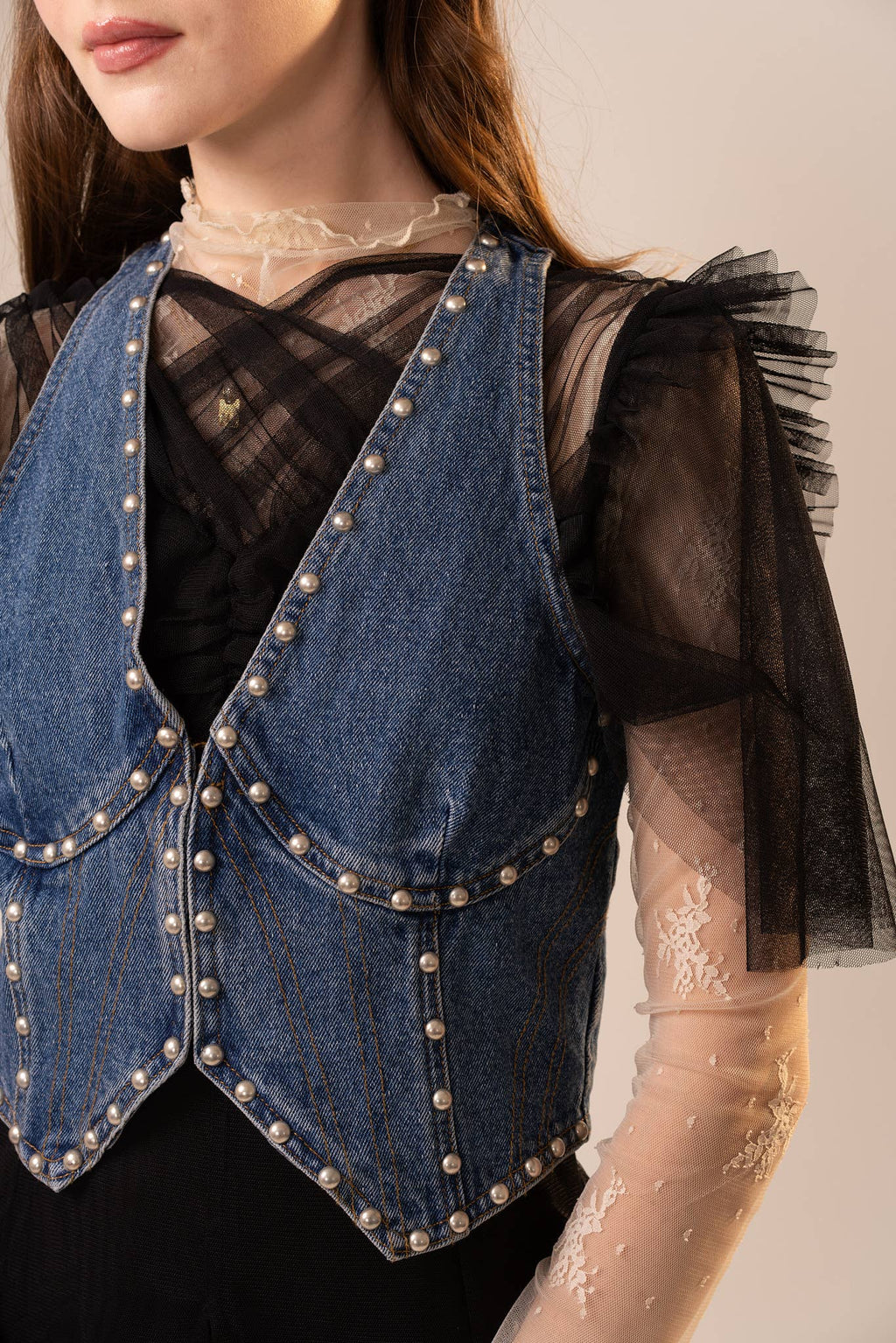 Metal Stud Denim Bustier Top