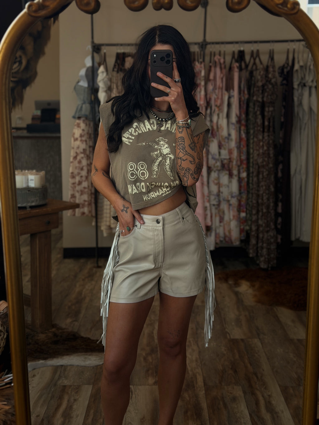 Beige Fringe Leather Shorts