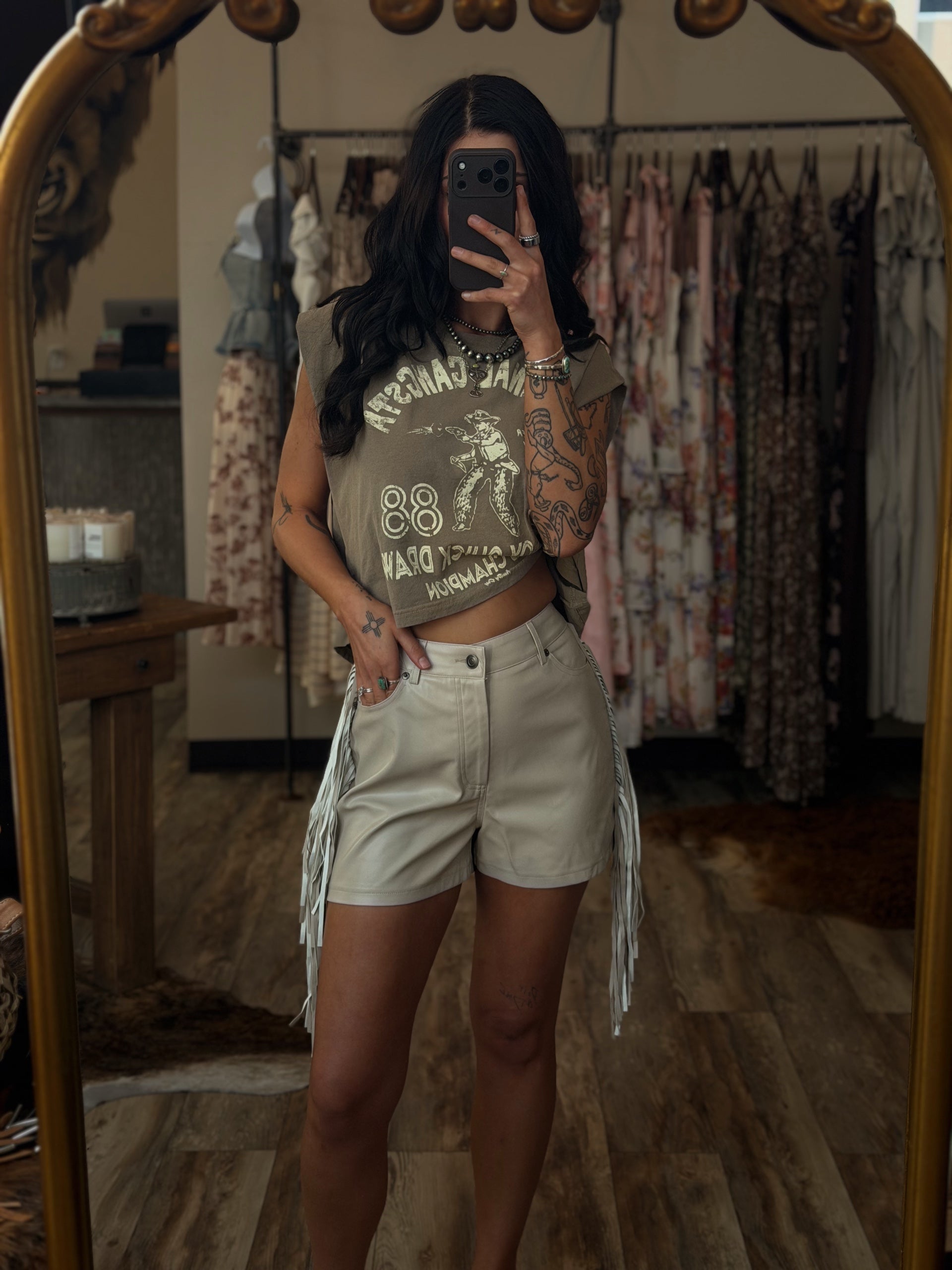 Beige Fringe Leather Shorts