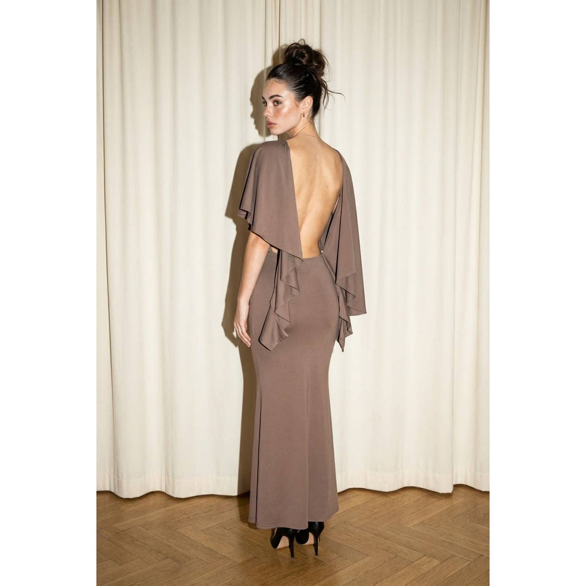 Open Back Ruched Maxi Dress