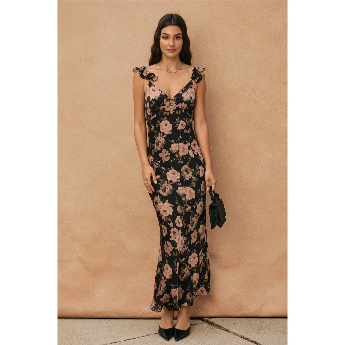 Rose Flutter Shoulder Maxi Dress