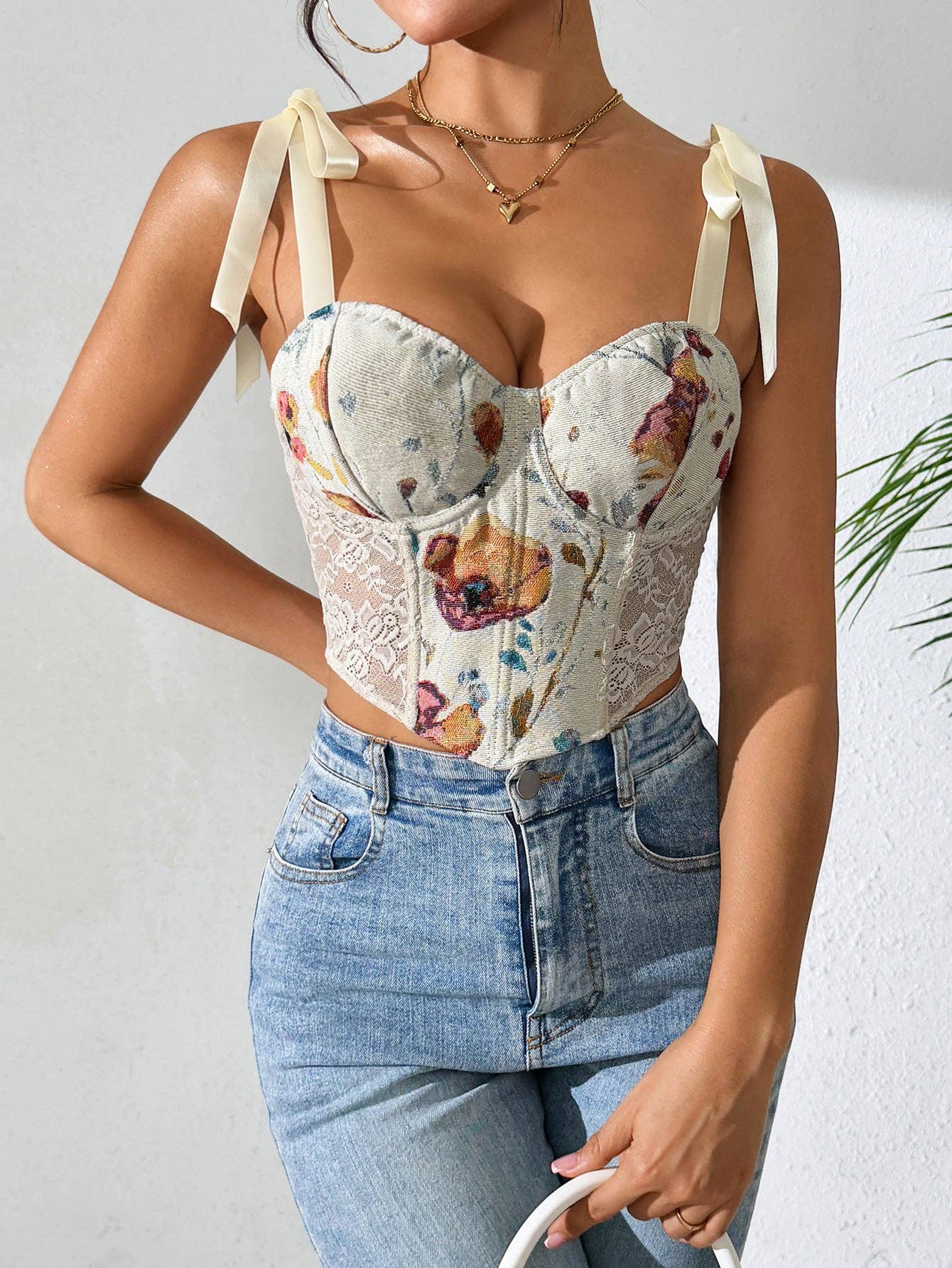 Floral Corset Tie Strap Tank