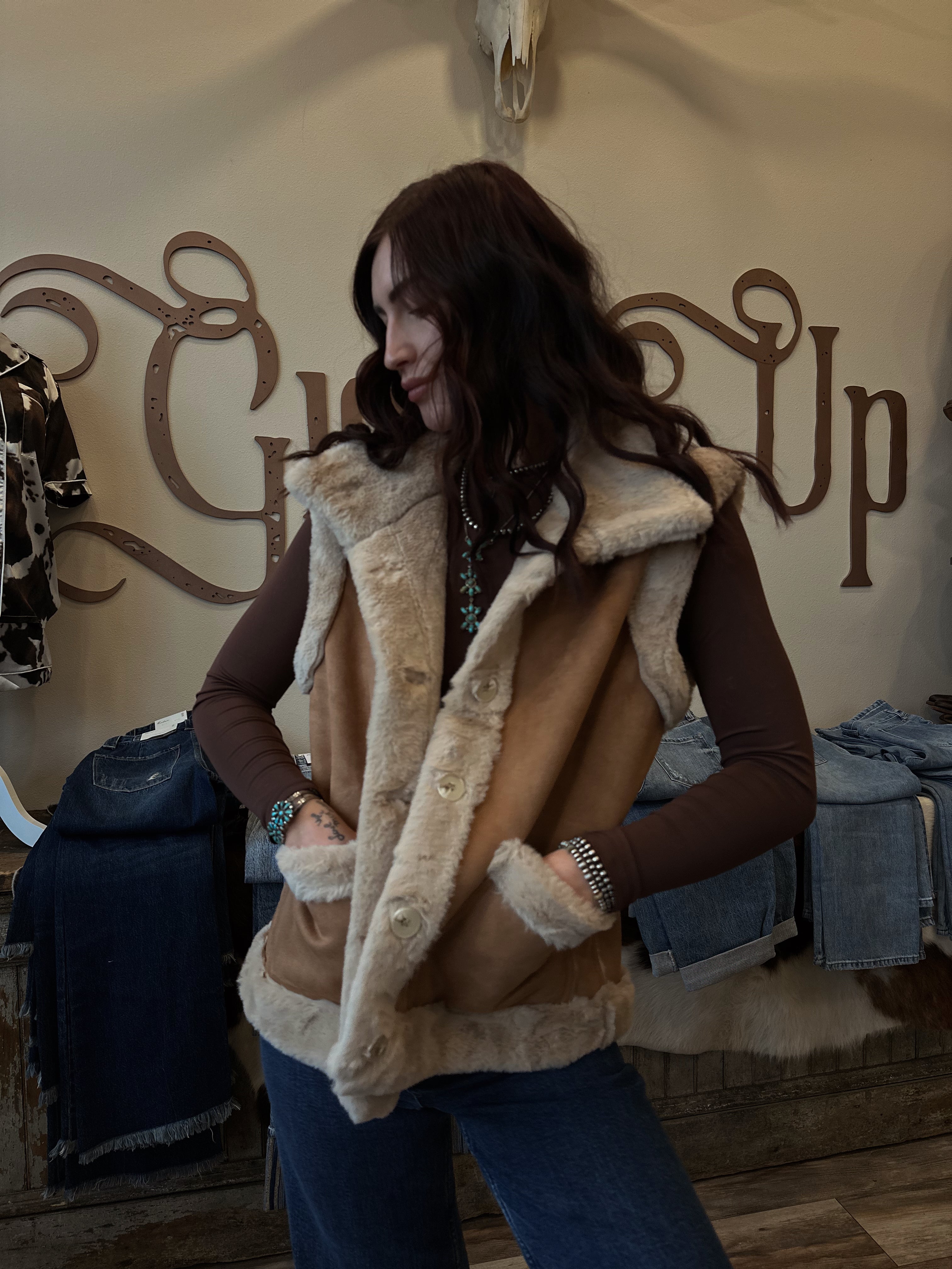 Suede Faux Fur Trim Vest