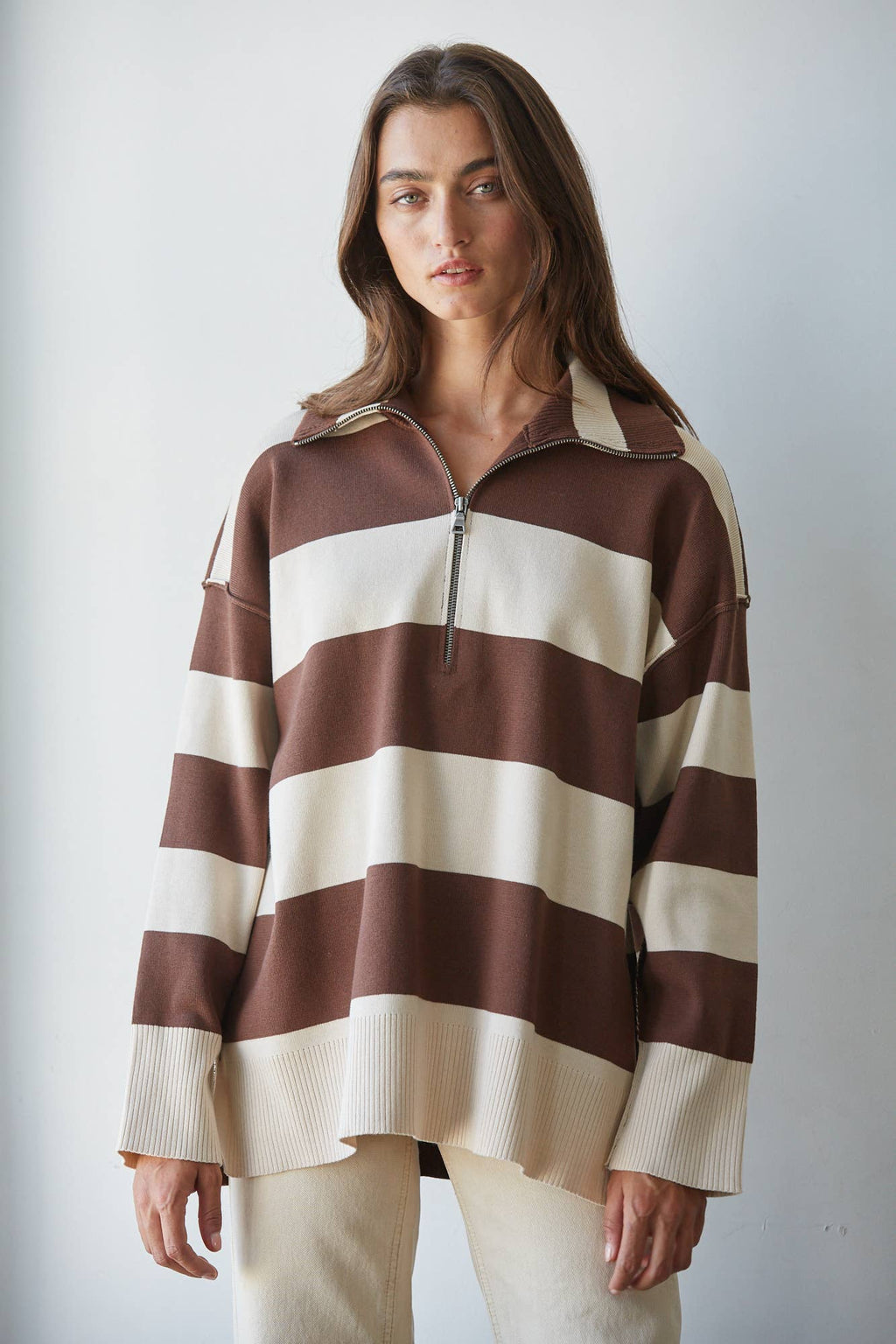Striped Turtleneck Half Zip Up