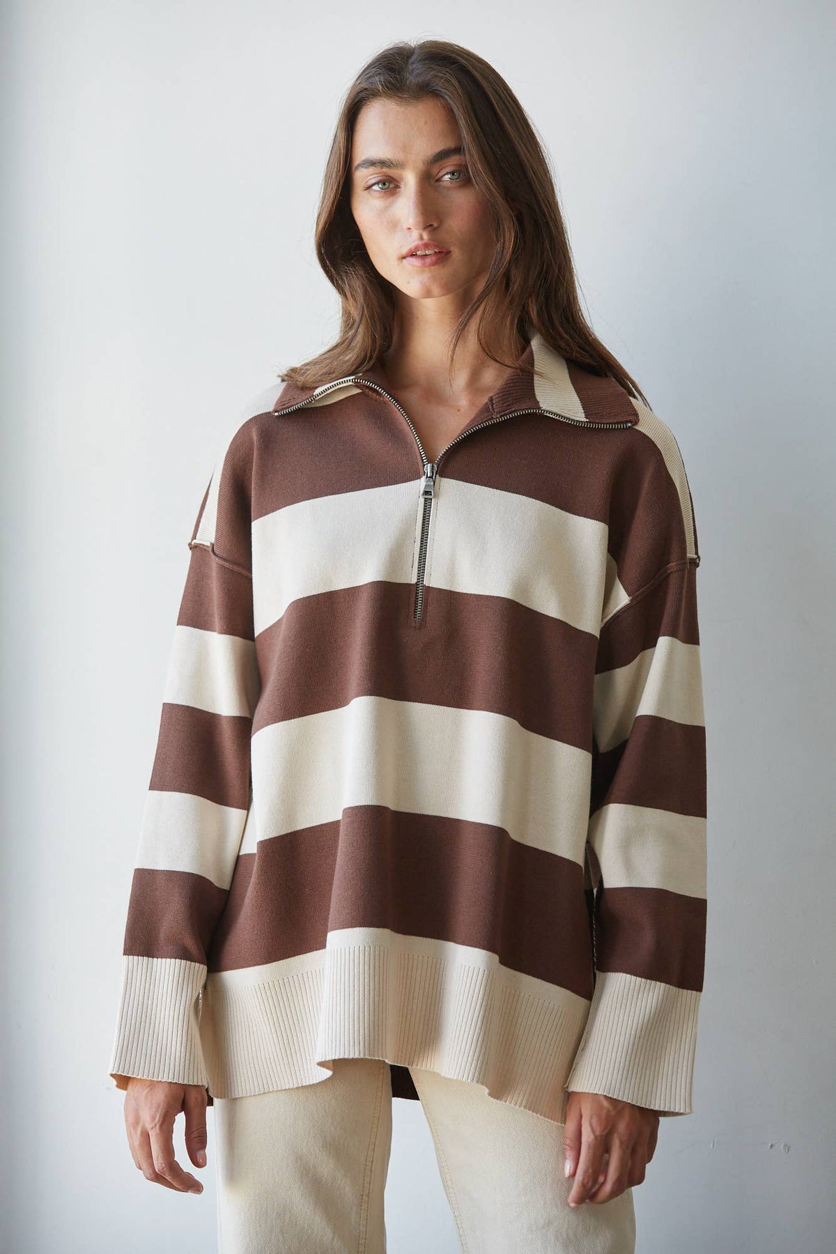 Striped Turtleneck Half Zip Up