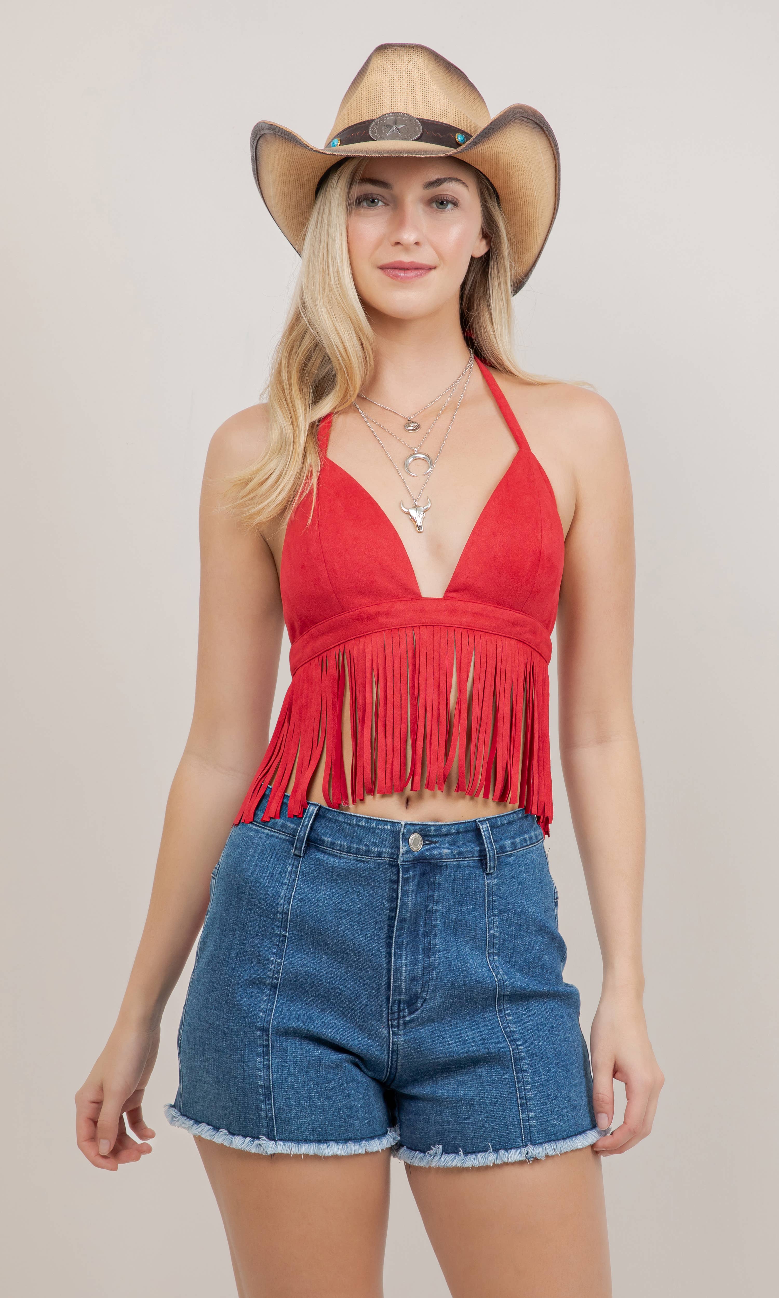 Red Fringe Suede Halter