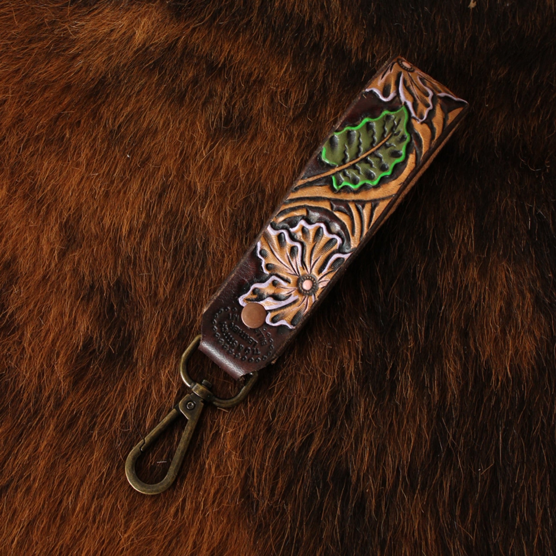 Floral Tooled Leather Keychain