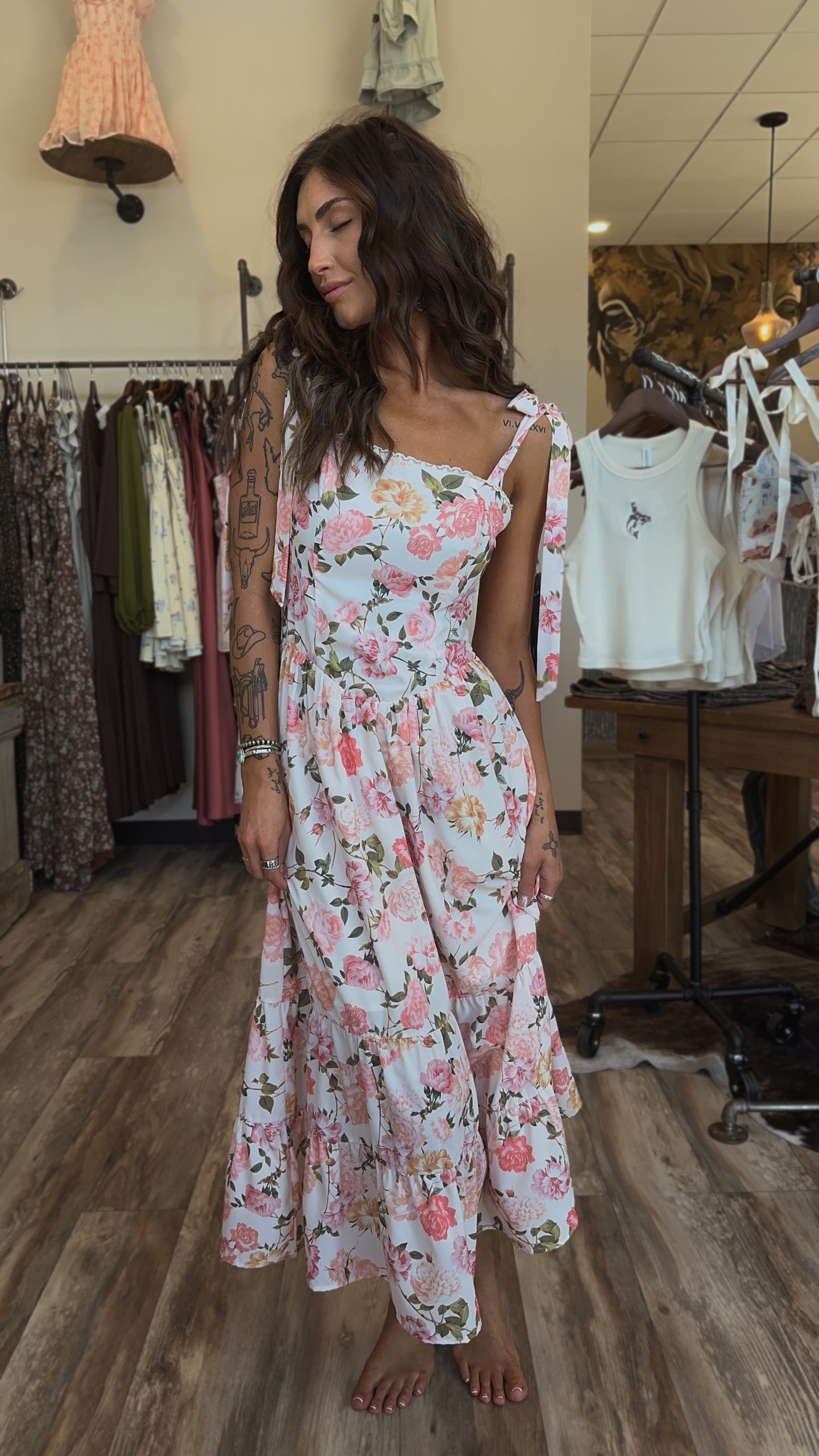 tie strap midi dress Celine Floral Bustier Maxi Size medium measures 51.5 from top to bottom Florence Blue Floral Tie Strap
