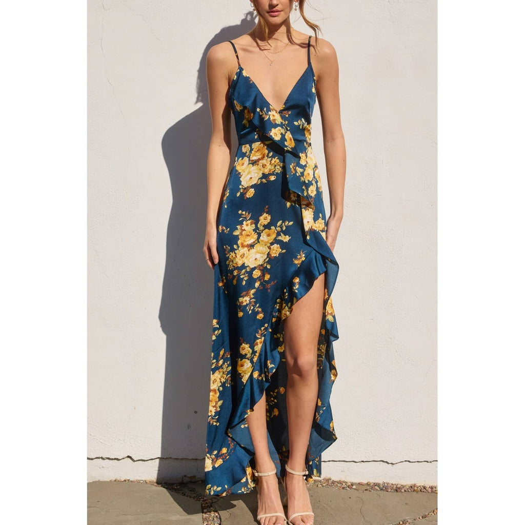 Floral Asymmetrical Ruffle Maxi Dress