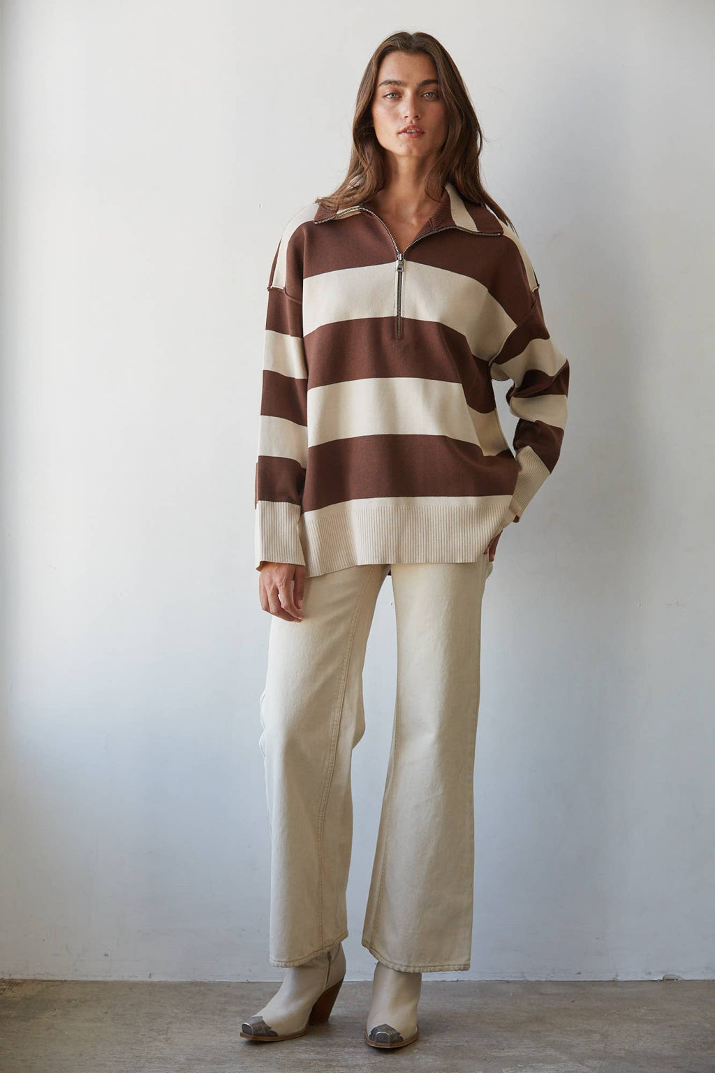Striped Turtleneck Half Zip Up