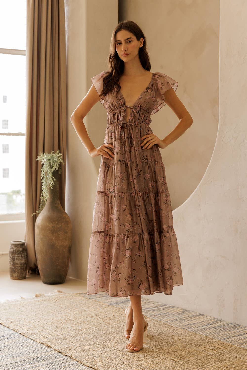 Floral Tie Front Midi Dress