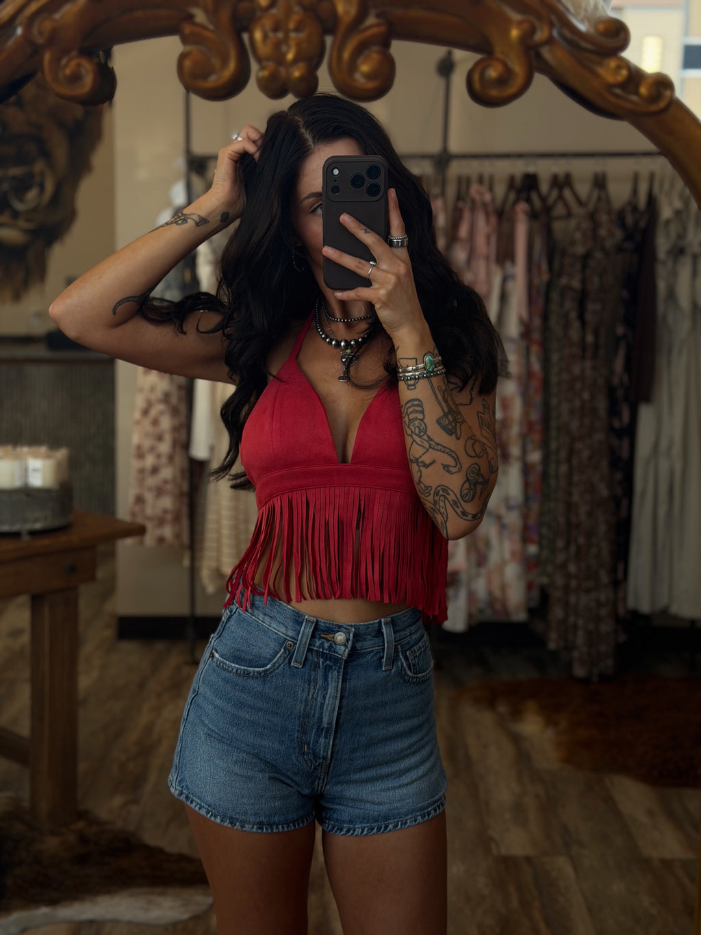 Red Fringe Suede Halter