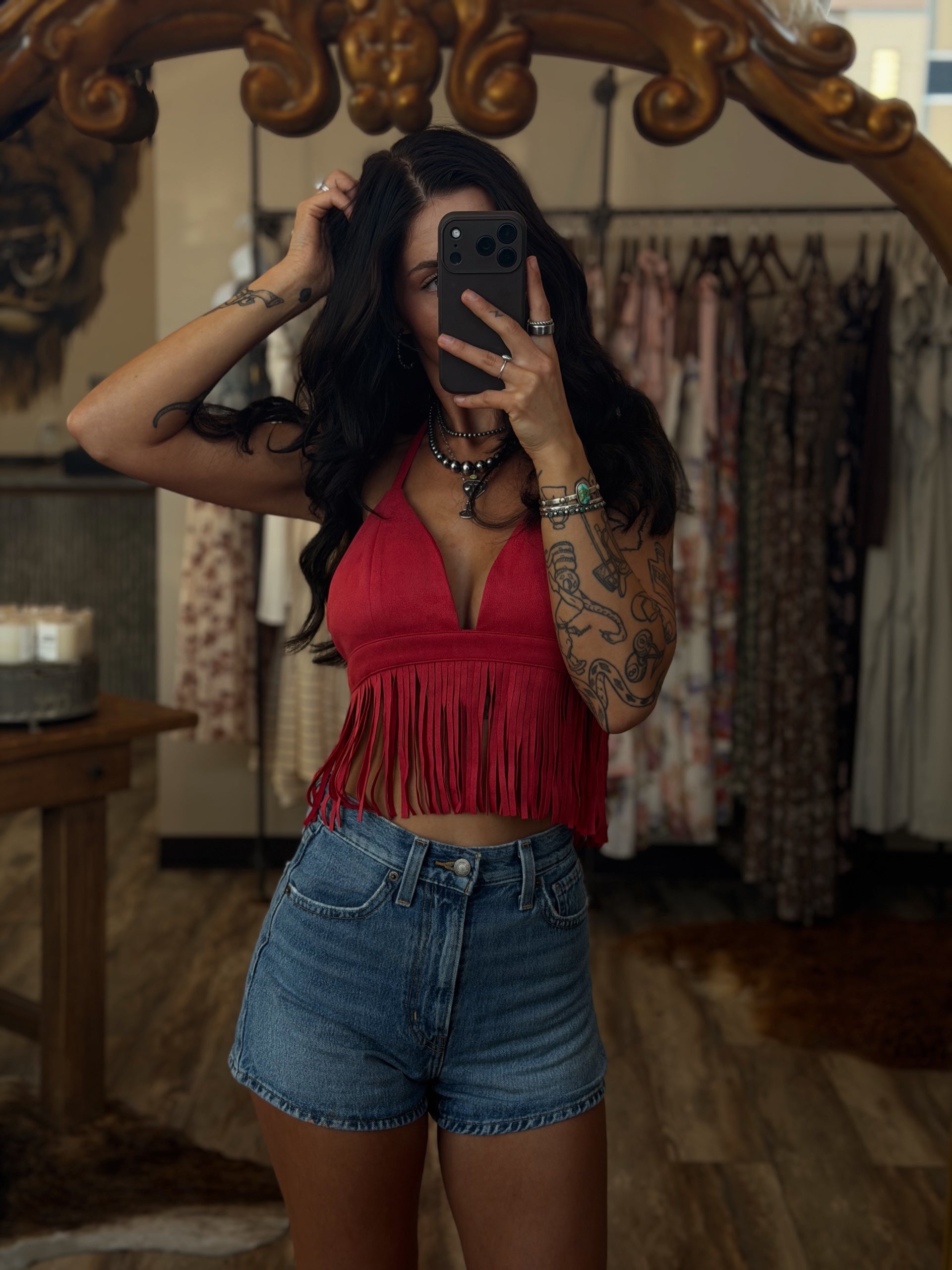 Red Fringe Suede Halter