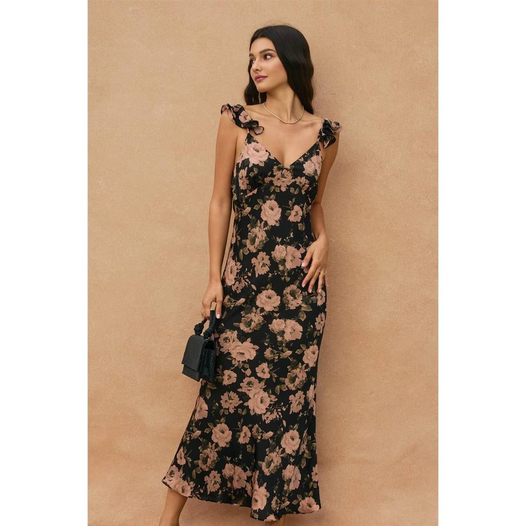 Rose Flutter Shoulder Maxi Dress