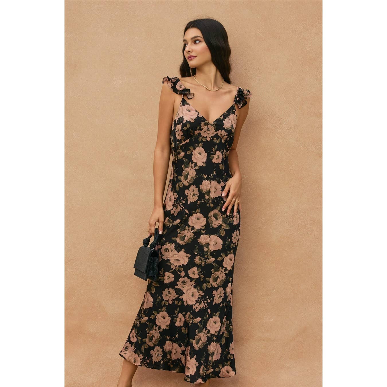 Rose Flutter Shoulder Maxi Dress