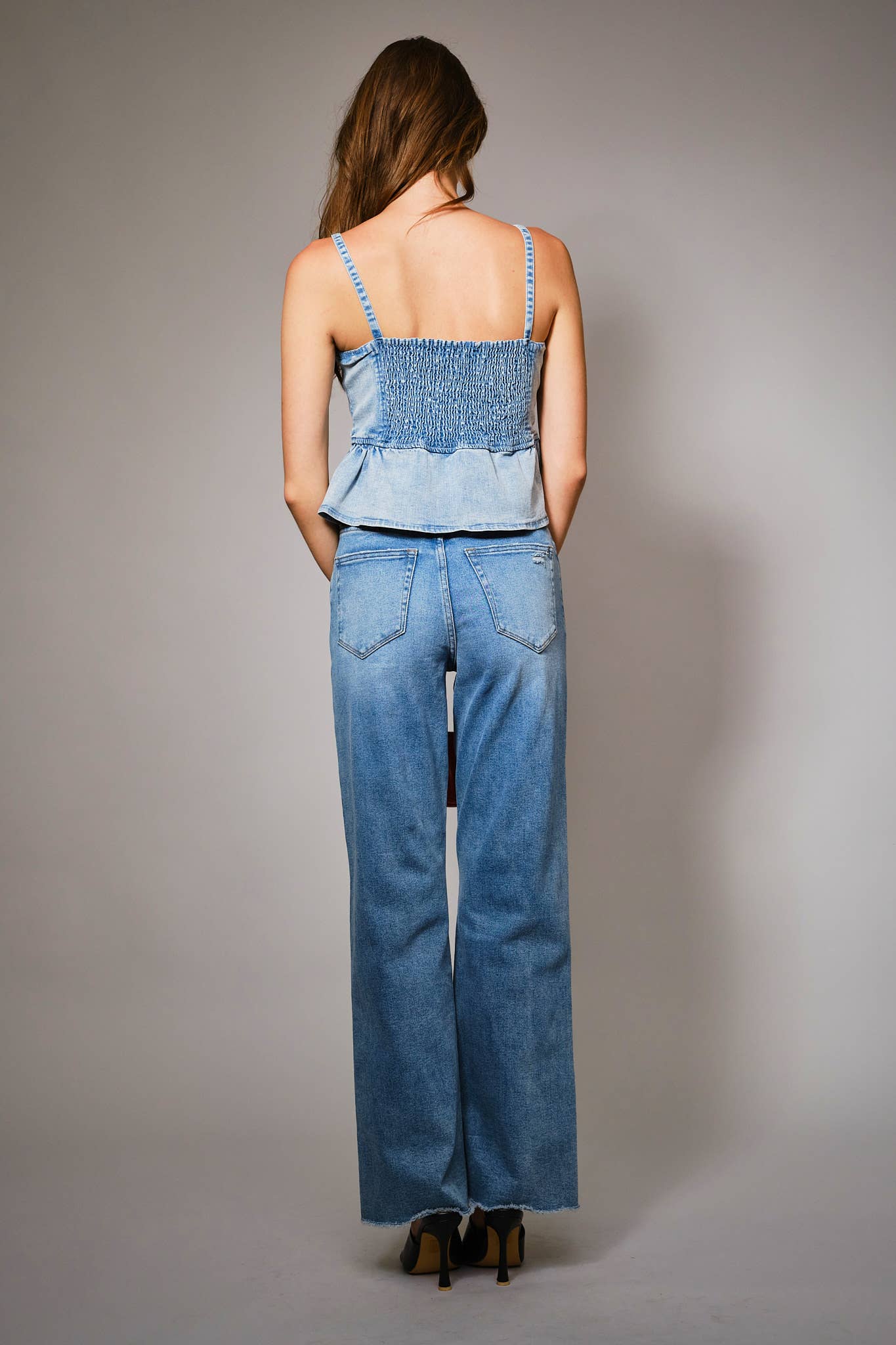 Western Buckle Denim Peplum Top