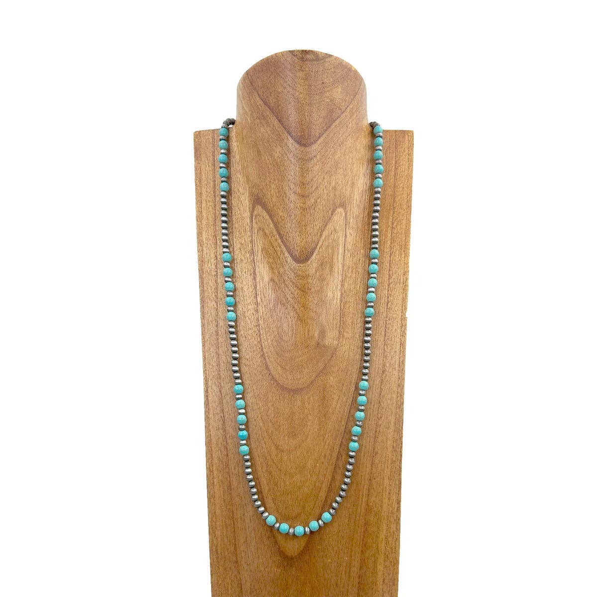 Silver and turquoise Beaded Necklace 33”