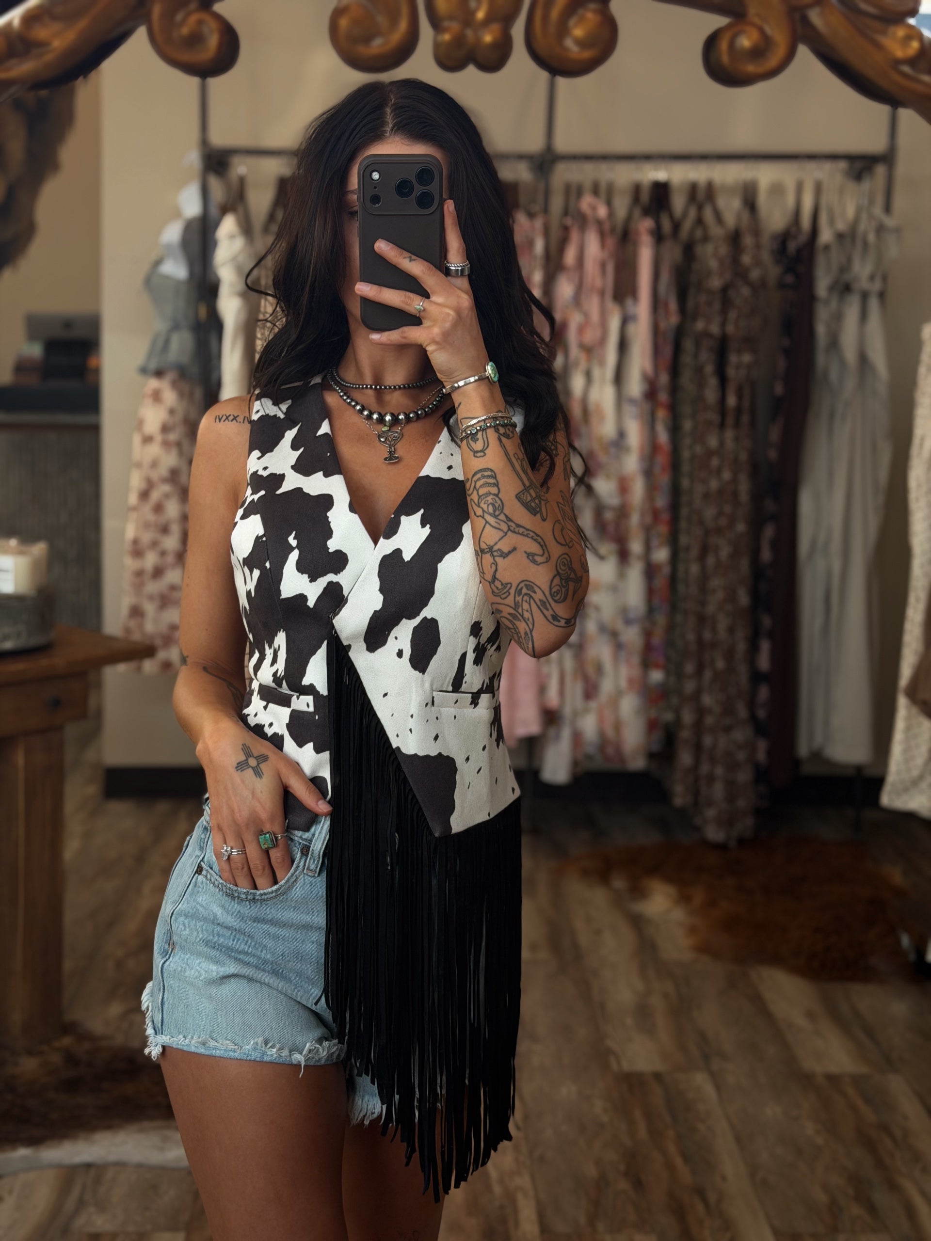 Cow Print Fringe Vest