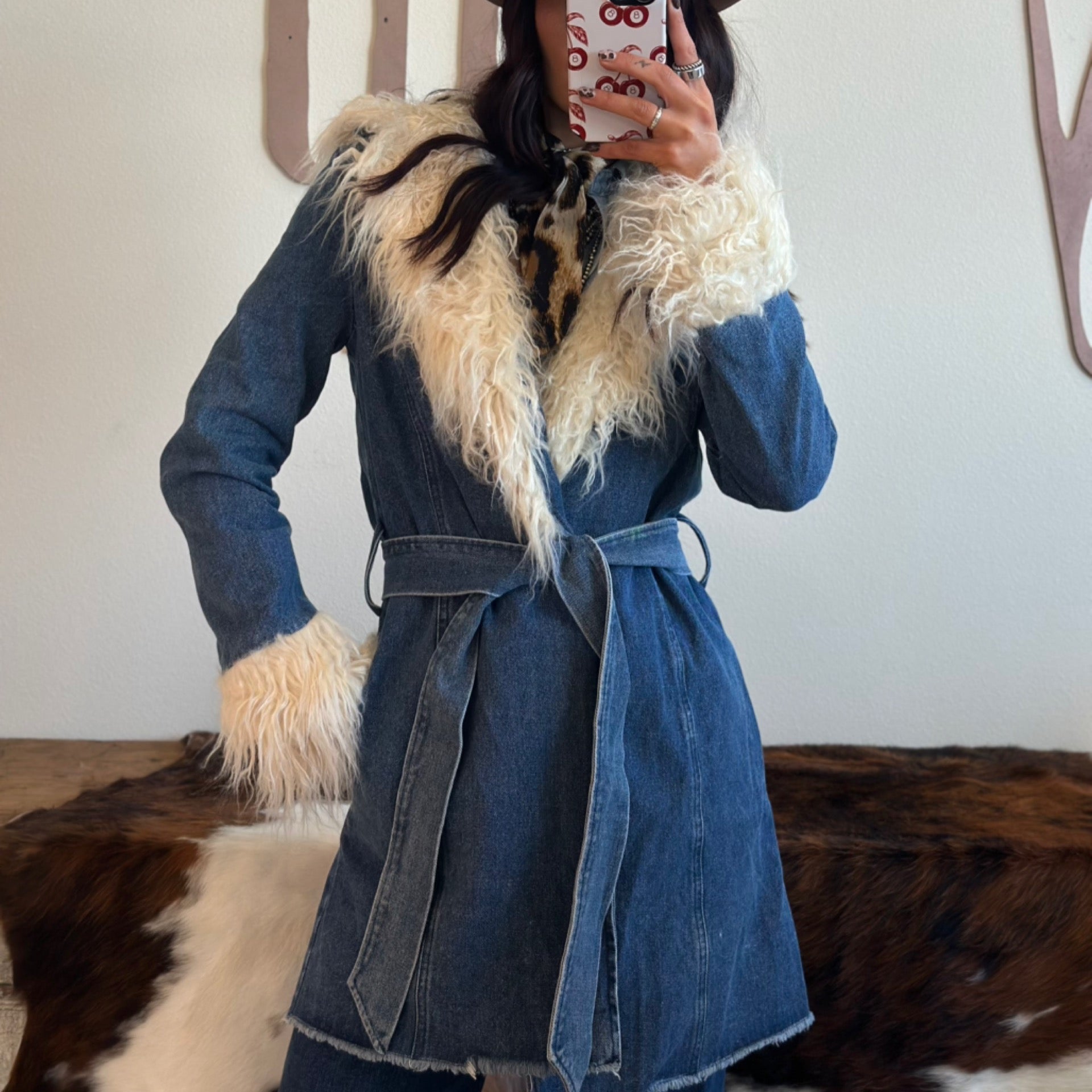 Fur Trim Denim Trench coat