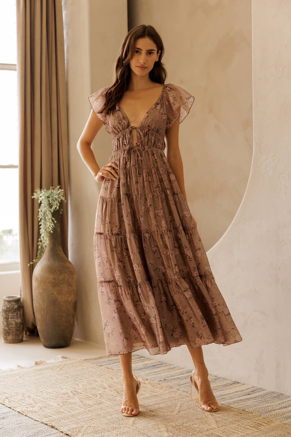 Floral Tie Front Midi Dress