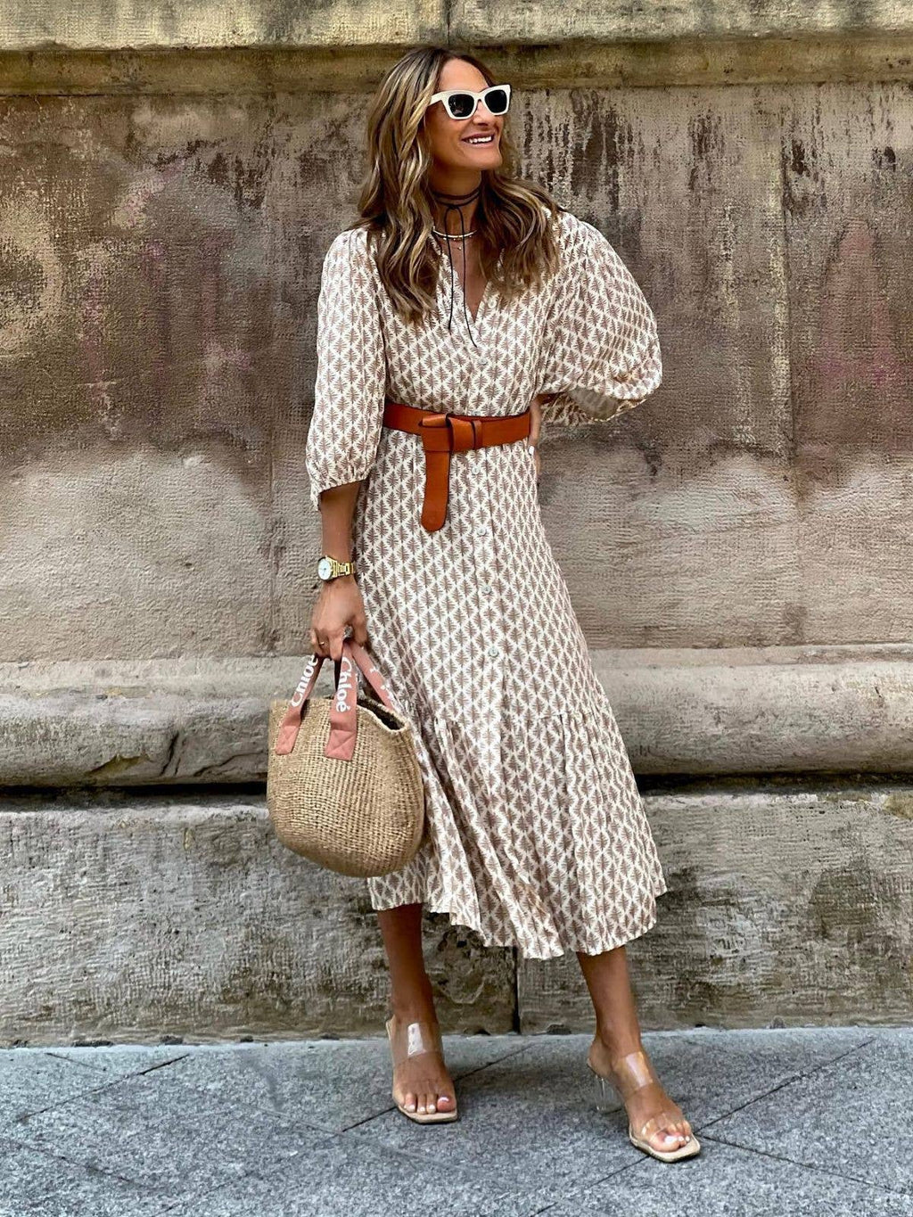 Mid Sleeve Ladies Midi Dress