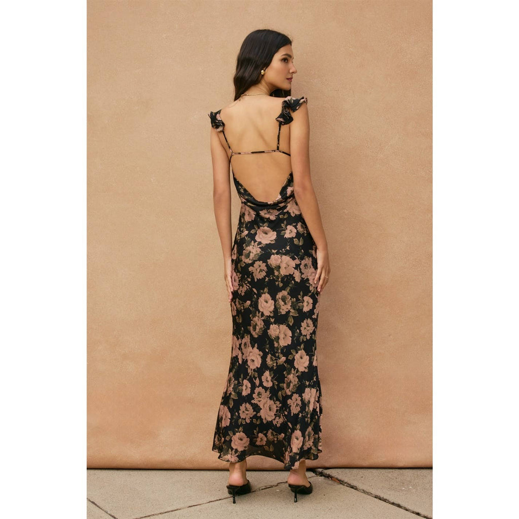 Rose Flutter Shoulder Maxi Dress